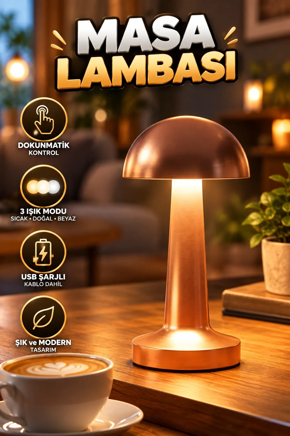 Bronz LED Masa Lambası – 3 Işık Modlu Dokunmatik ve USB Şarjlı