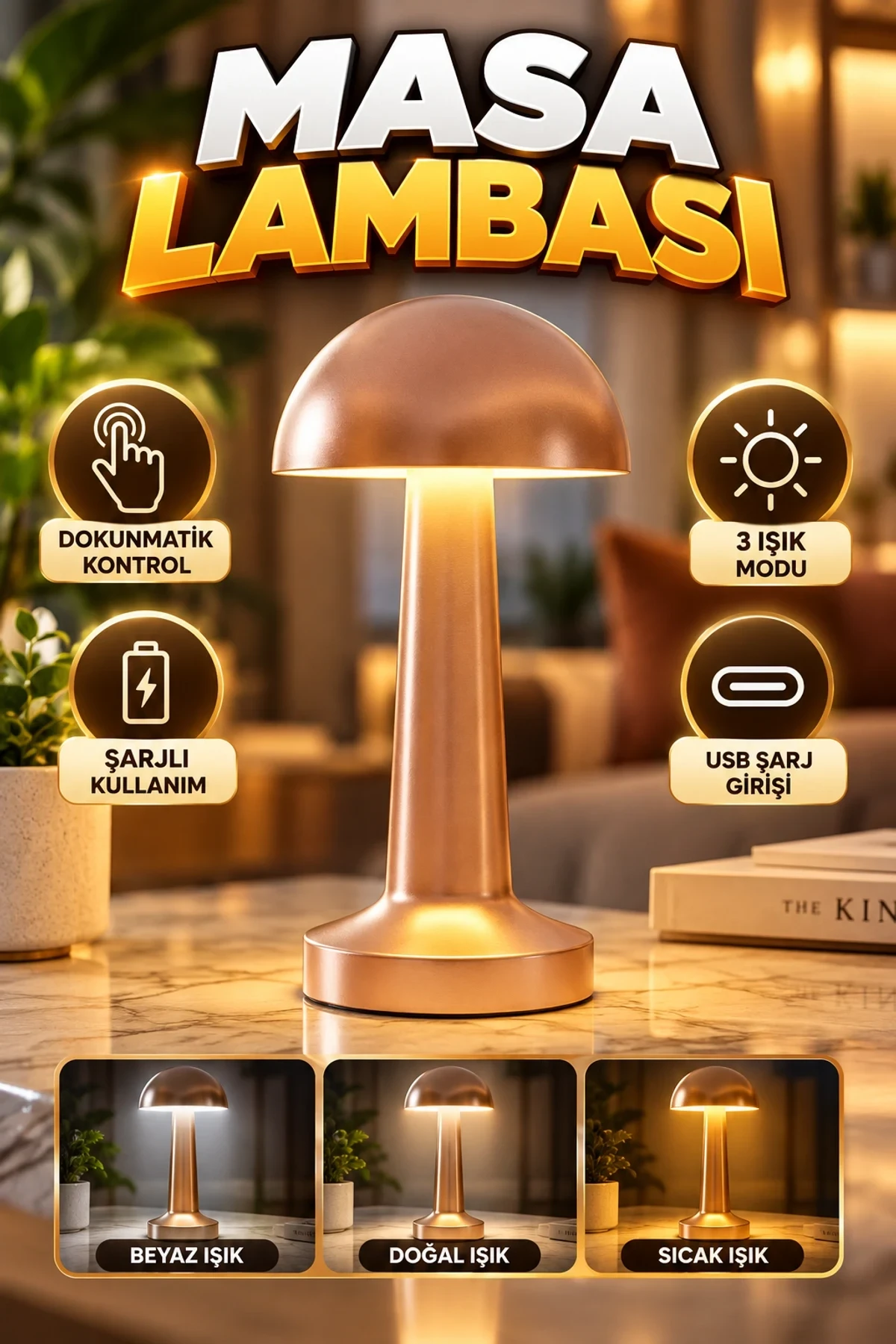 Bronz Şarjlı LED Masa Lambası – 3 Işık Modlu Dokunmatik Modern Tasarım