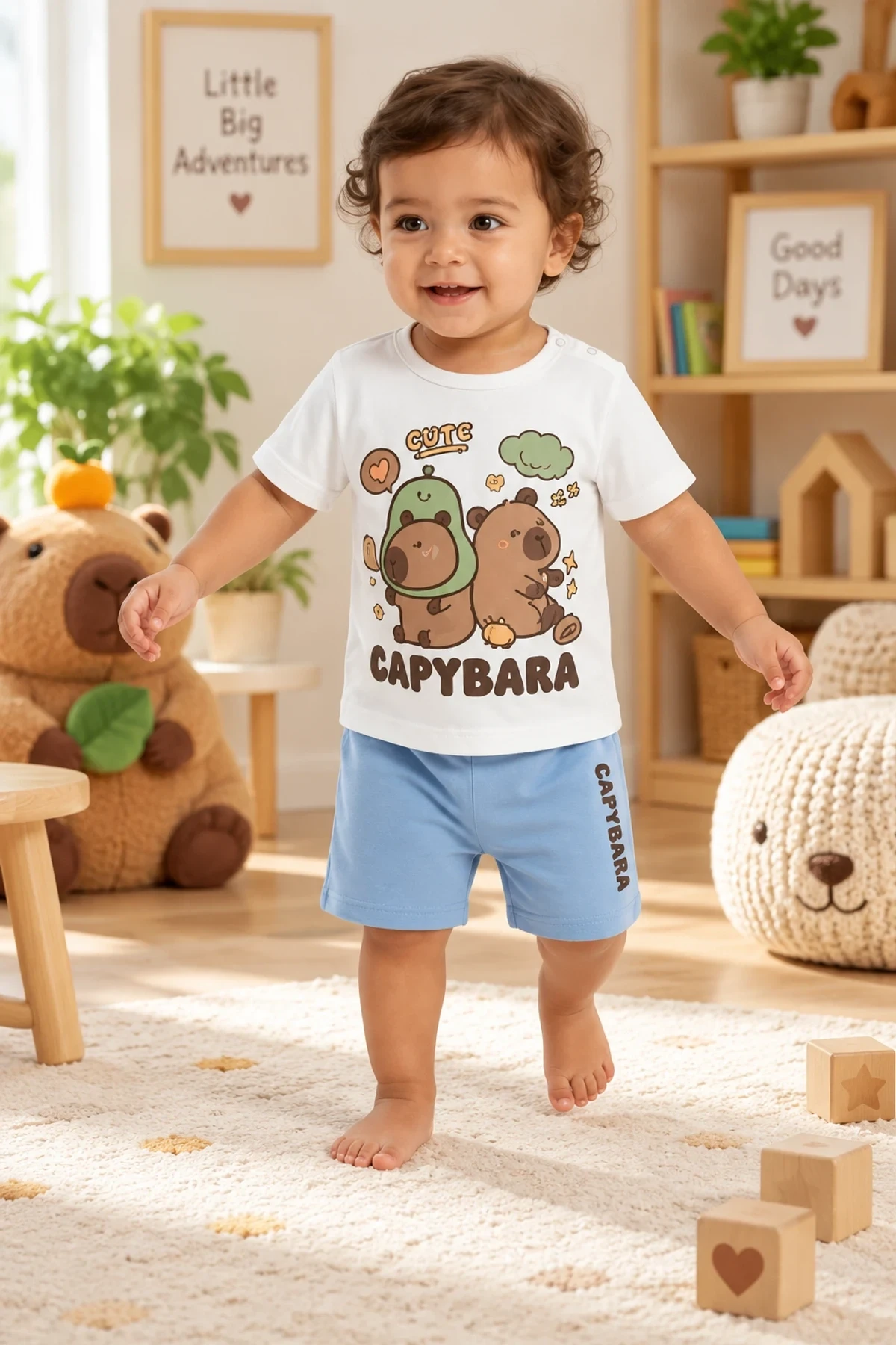 Capybara Baskılı Şortlu Bebek Takımı – 9/24 Ay