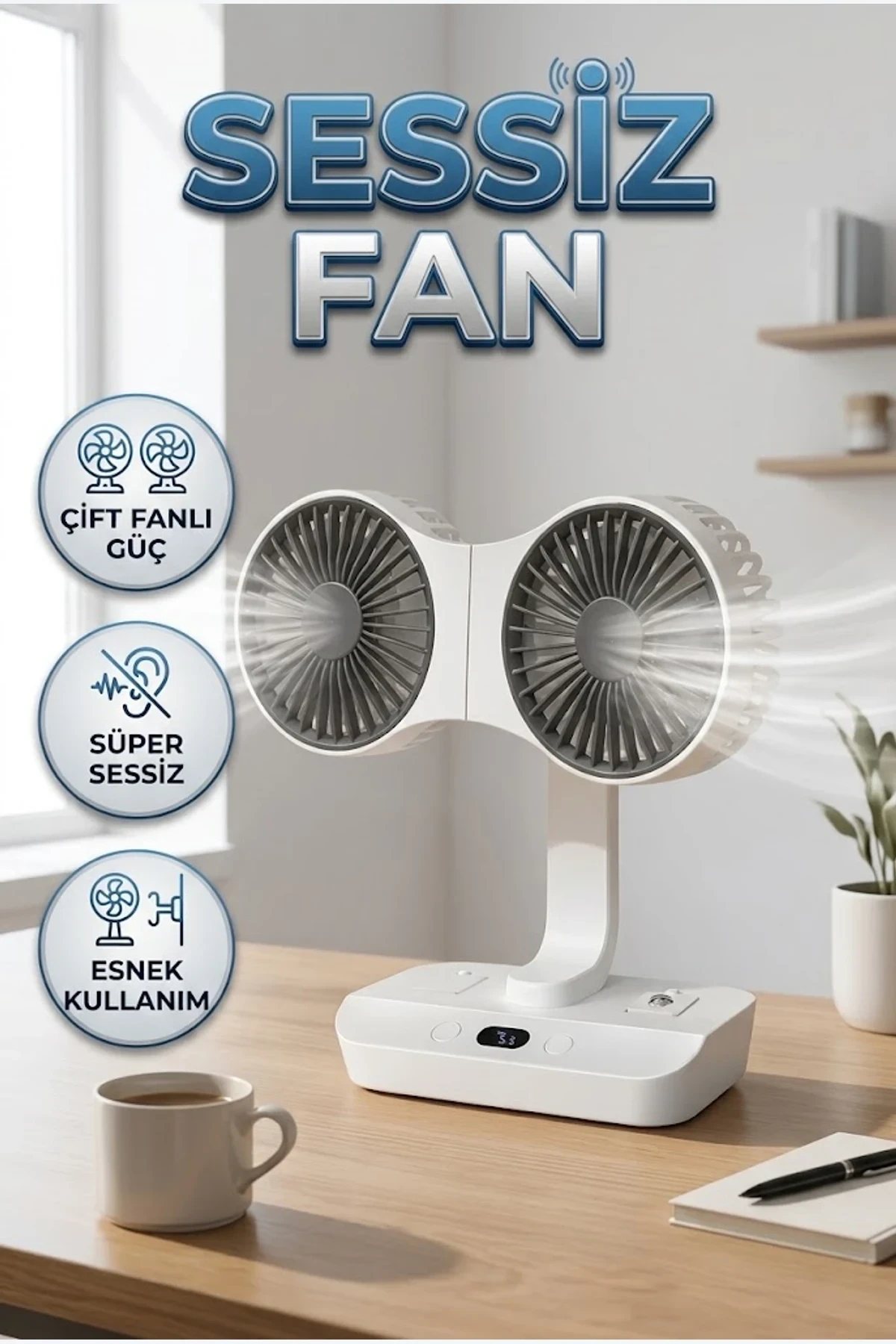 Çift Başlıklı Sessiz Fan – Masaüstü ve Duvara Monte Kullanım