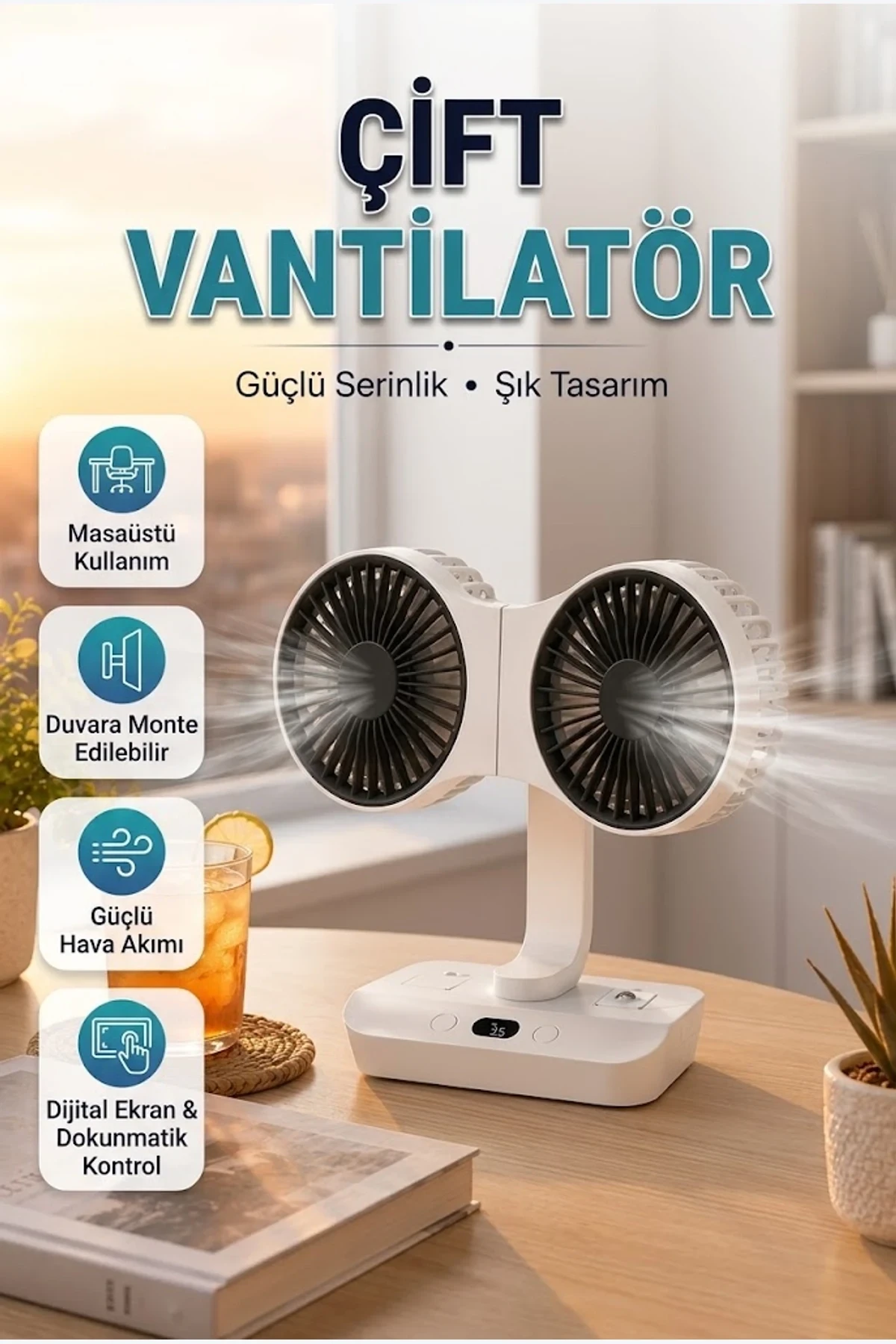 Çift Başlıklı Vantilatör – Masaüstü ve Duvara Monte Kullanım