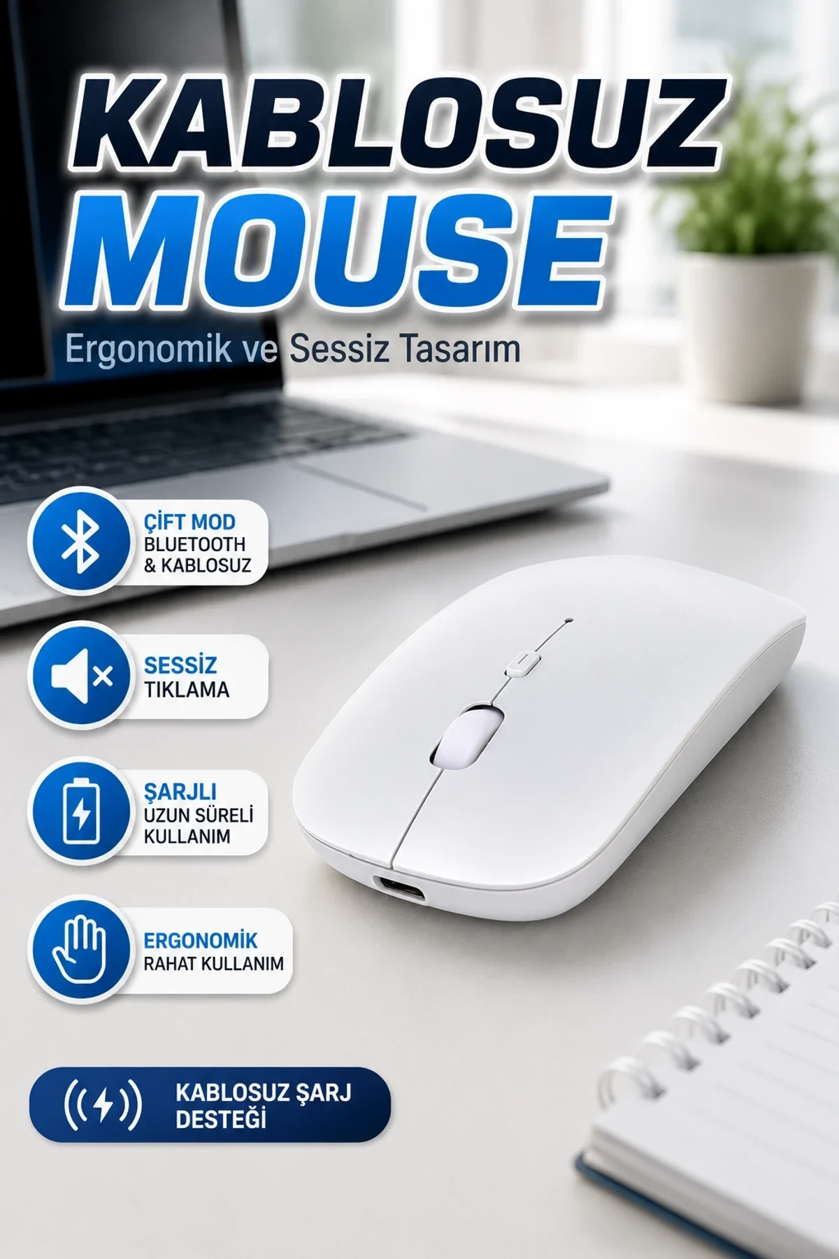 Çift Modlu Bluetooth ve Kablosuz Şarjlı Mouse – Ergonomik Sessiz Tasarım
