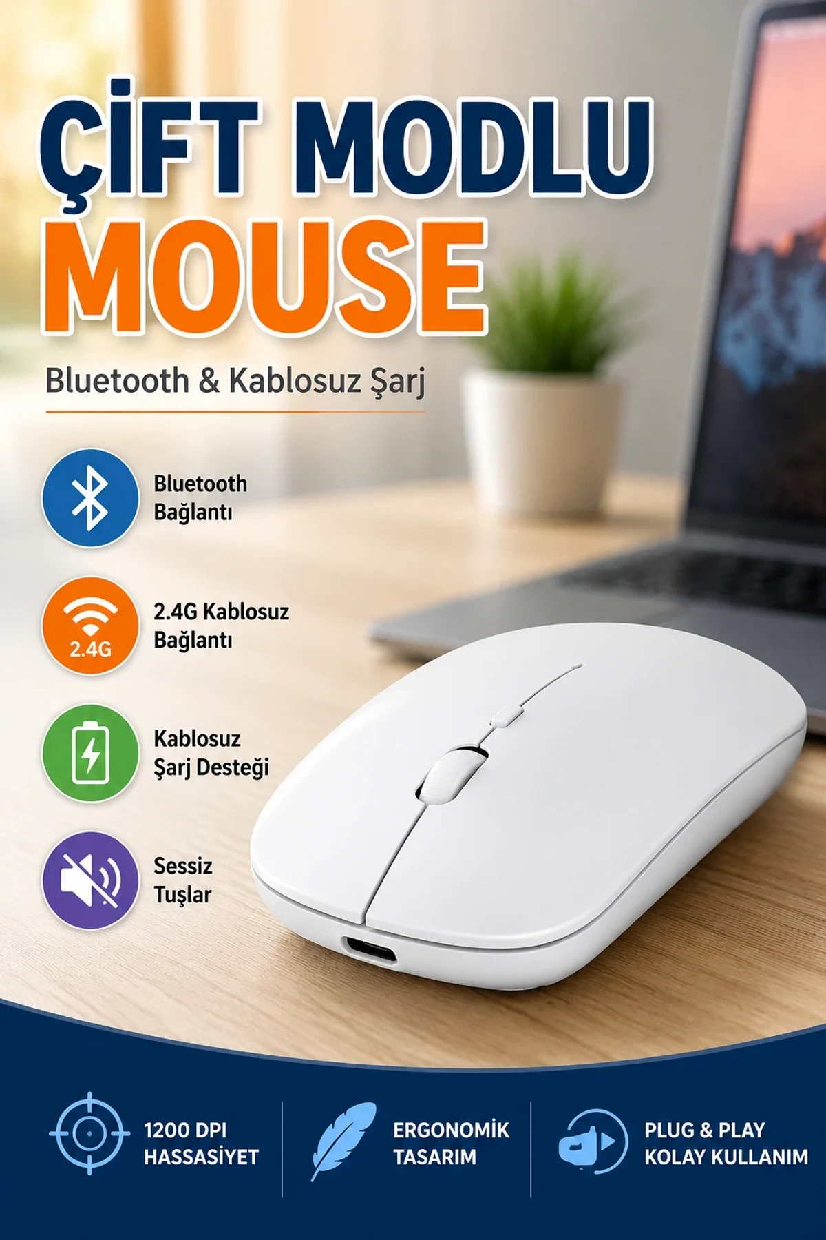 Çift Modlu Bluetooth ve Kablosuz Şarjlı Mouse – Ergonomik Sessiz Tasarım