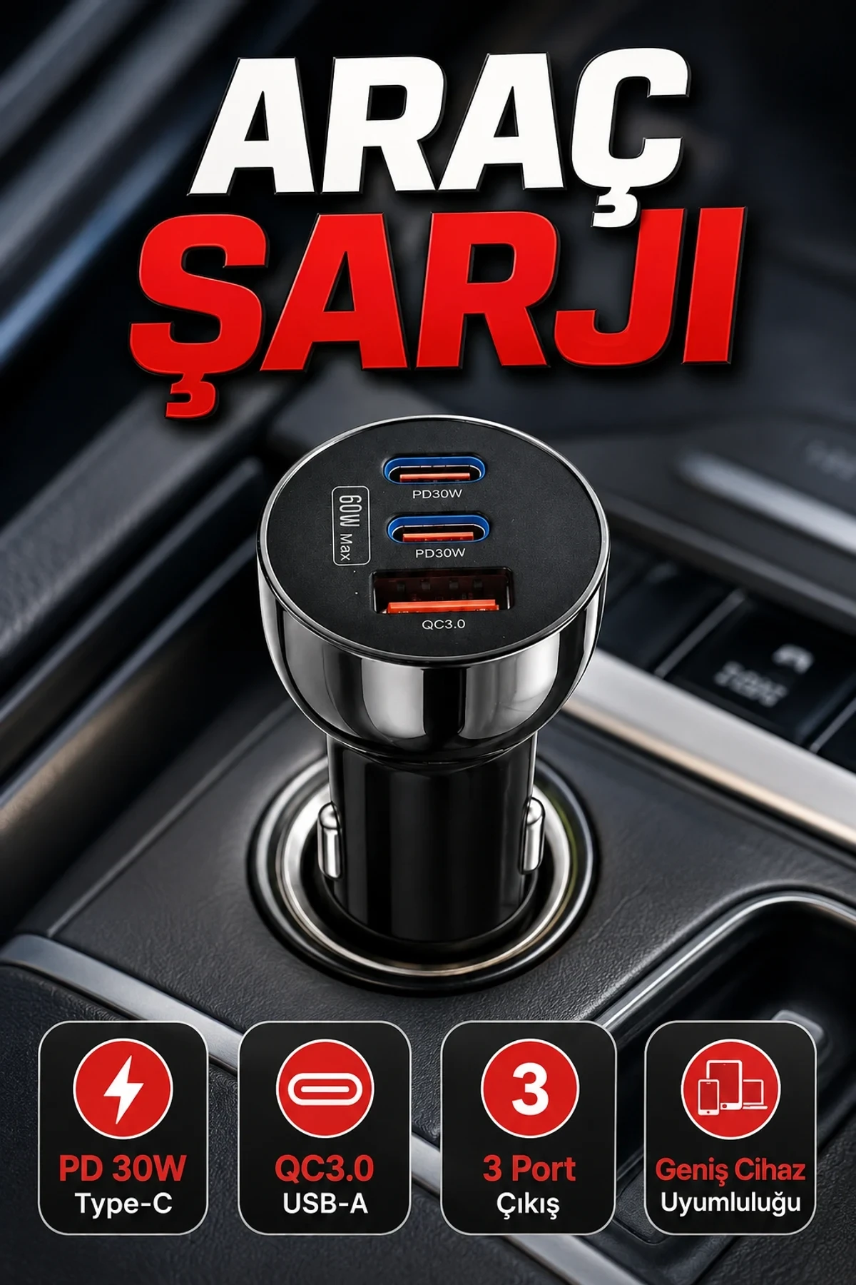 Çift PD Type-C ve QC3.0 USB Çıkışlı 3 Port Araç Şarj Adaptörü