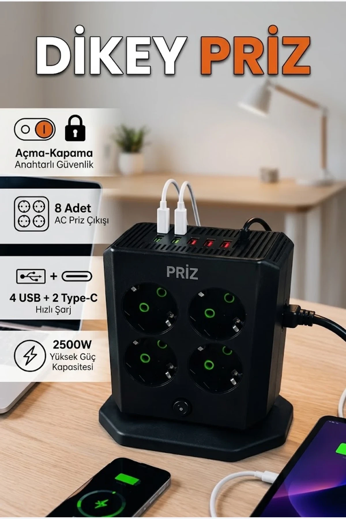 Çoklu Priz Kulesi 8 Çıkışlı 4 USB 2 Type-C Anahtarlı