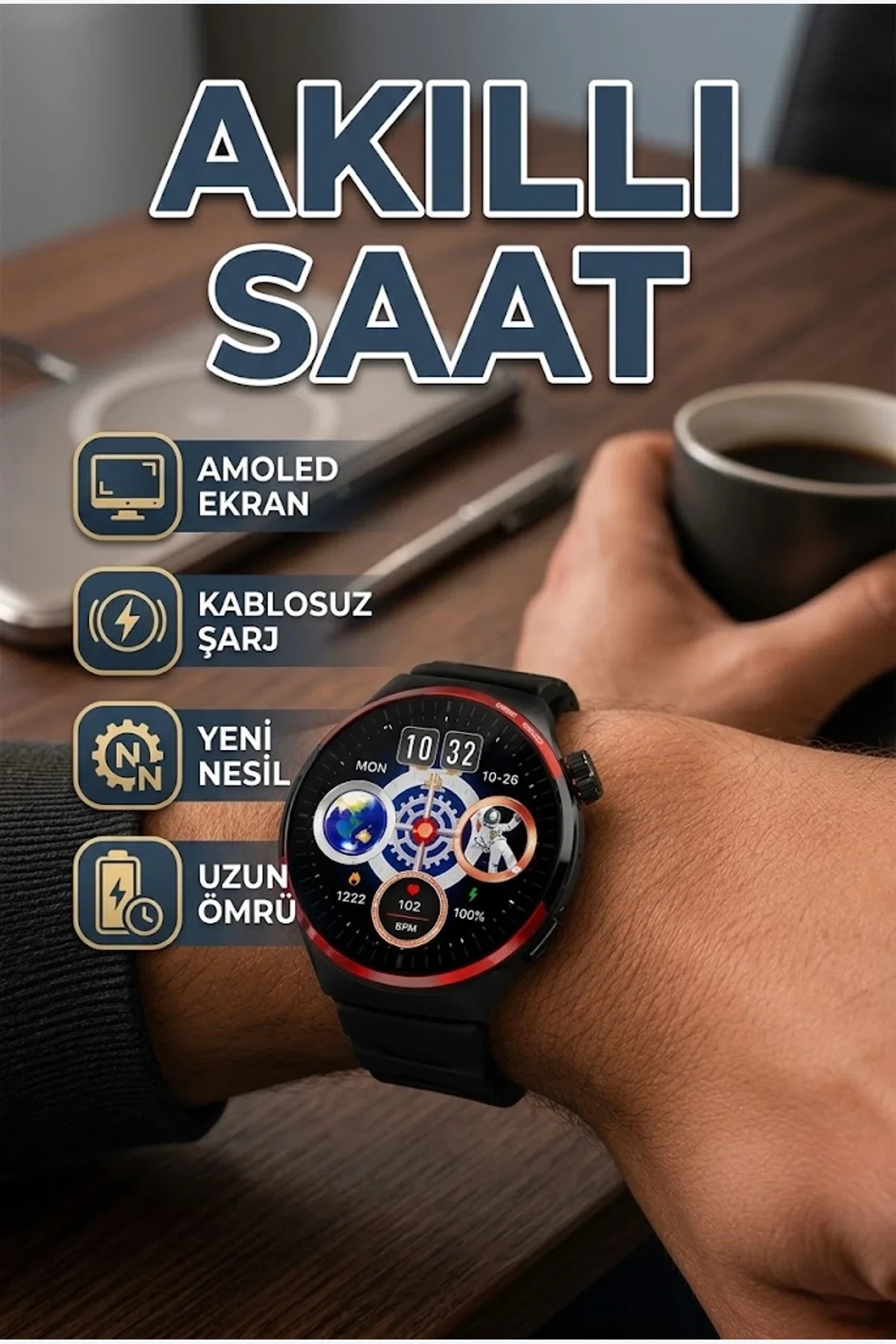 Dokunmatik AMOLED Akıllı Saat – Kablosuz Şarj, Bluetooth Arama ve NFC