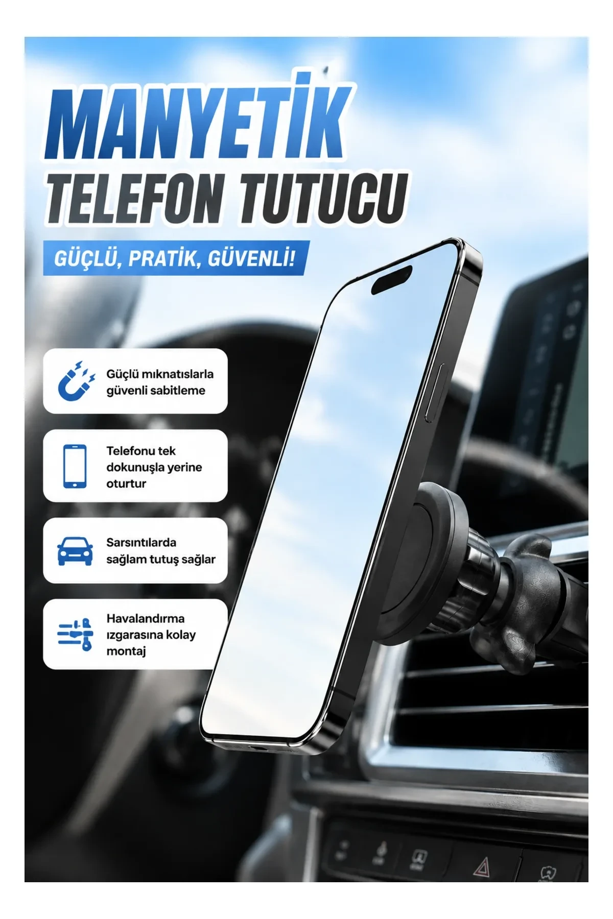 Havalandırma Klipsli Manyetik Araç İçi Telefon Tutucu