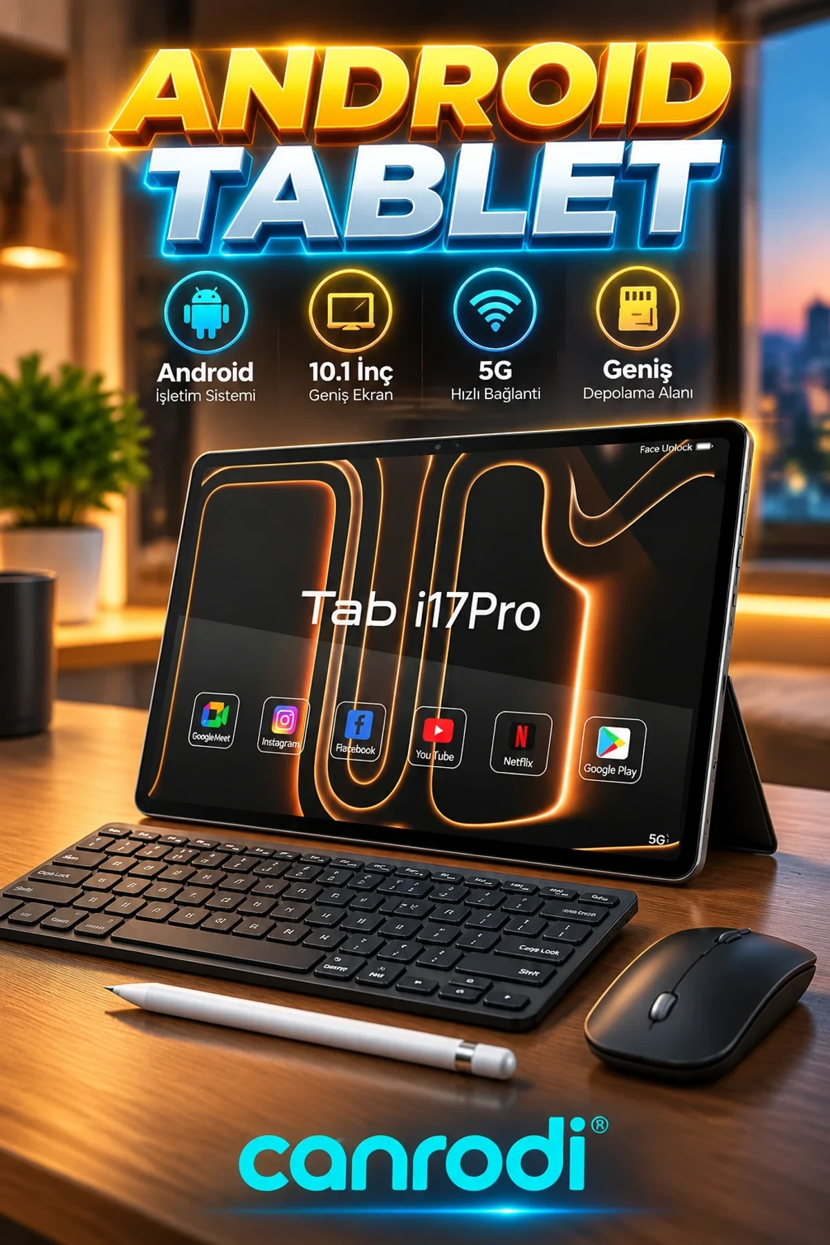 İ17 Pro Android Tablet Bilgisayar Seti – Klavye, Mouse ve Kalemli