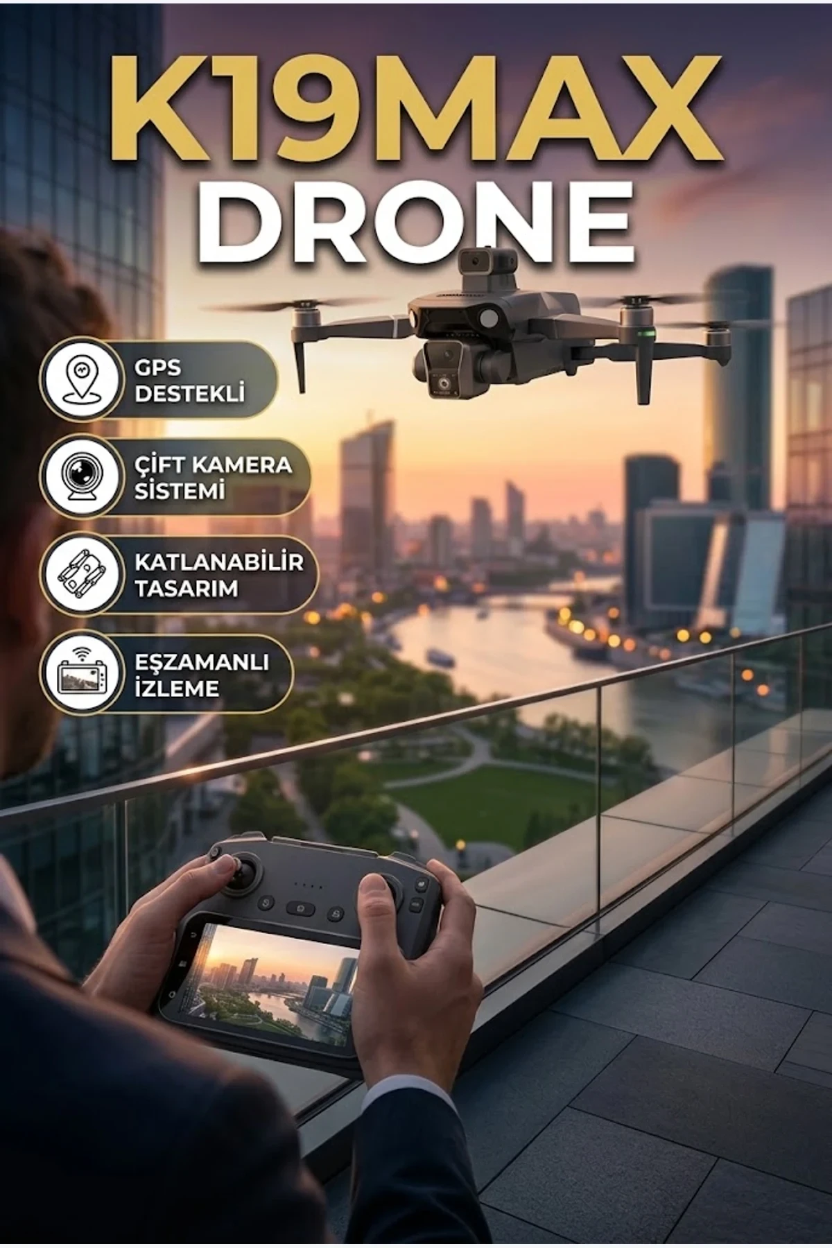 K19MAX GPS Destekli Çift Kameralı Katlanabilir Drone