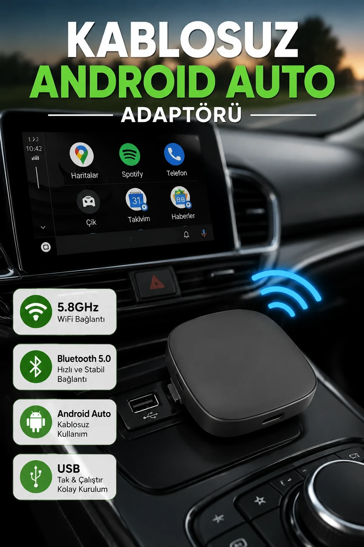 Kablosuz Android Auto Adaptörü 5.8GHz WiFi Bluetooth 5.0 USB Bağlantı