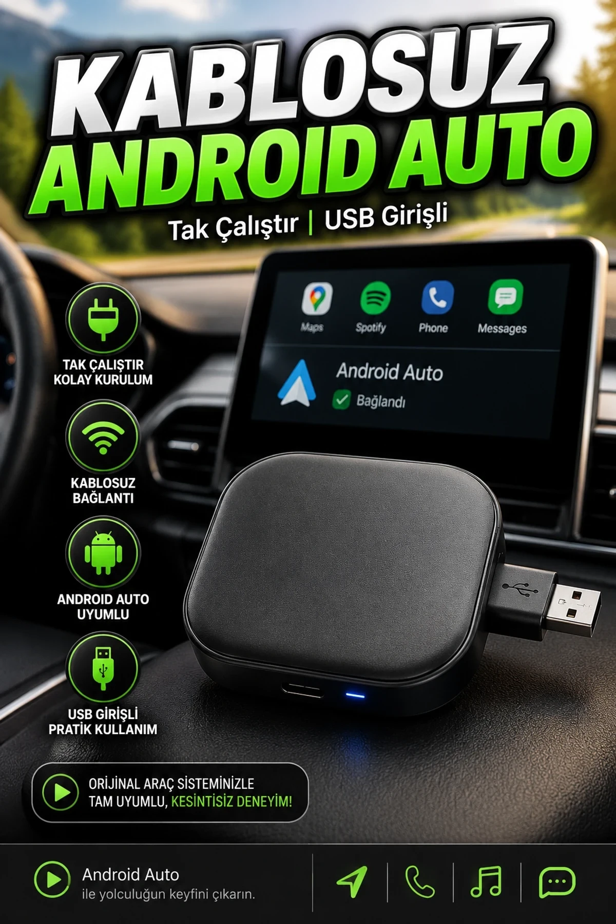 Kablosuz Android Auto Adaptörü USB Tak Çalıştır Bluetooth 5.0 5.8GHz WiFi Destekli