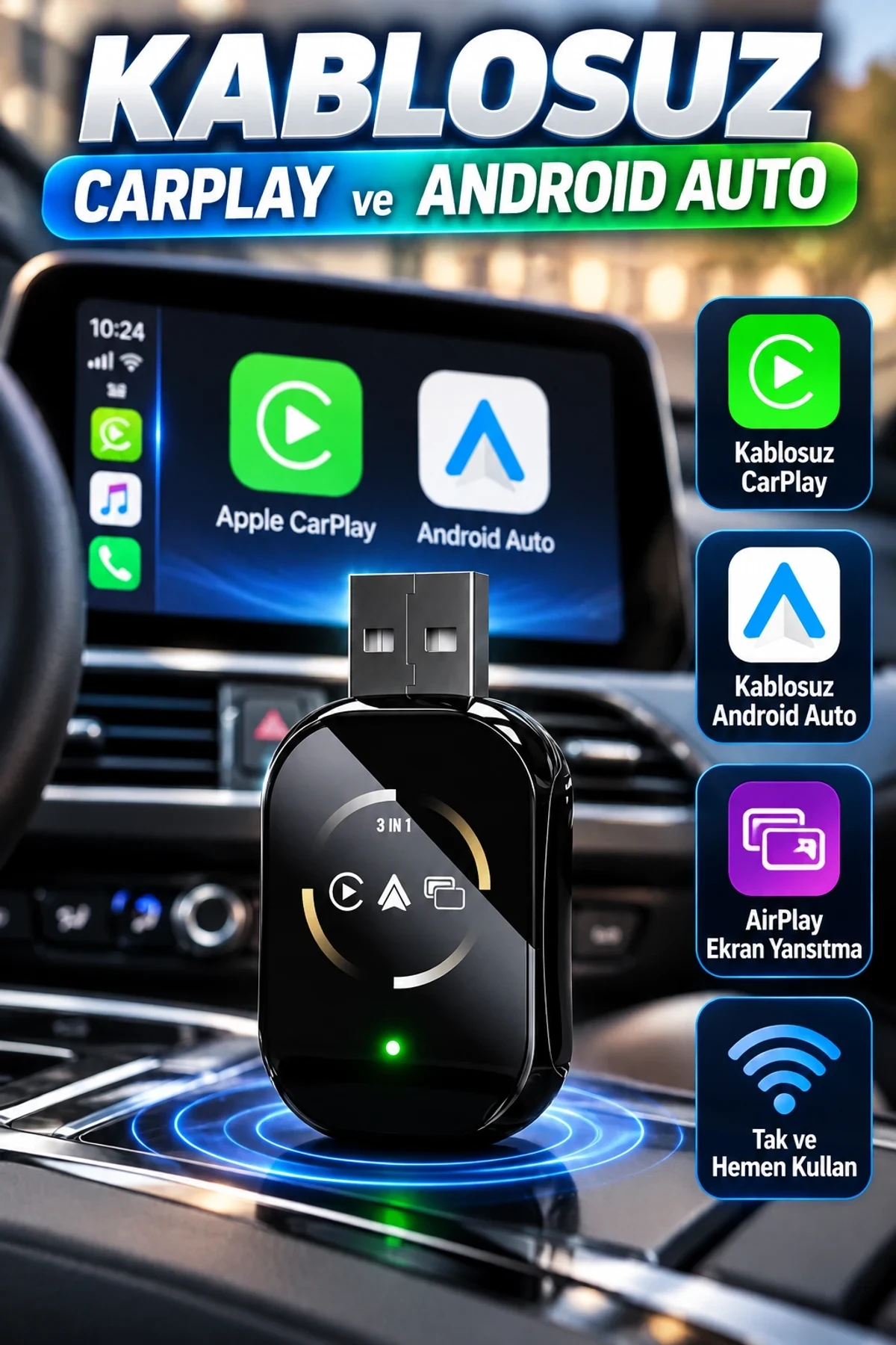 Kablosuz CarPlay ve Android Auto Adaptörü – AirPlay Ekran Yansıtma