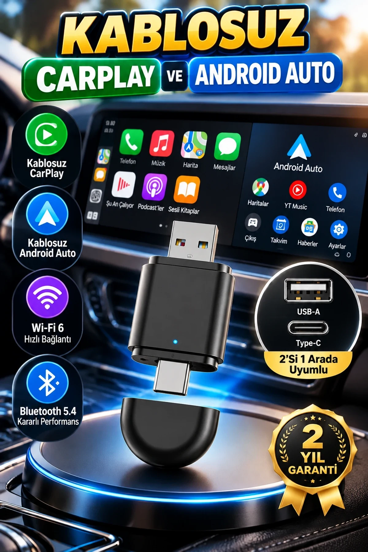 Kablosuz CarPlay ve Android Auto Adaptörü – USB-A & Type-C, Bluetooth 5.4, Wi-Fi 6