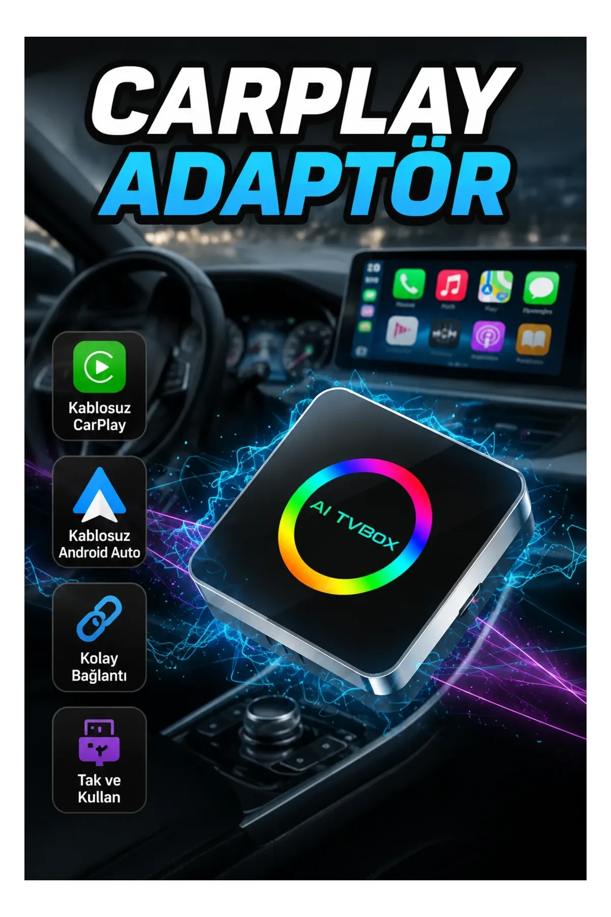 Kablosuz CarPlay ve Android Auto Dönüştürücü Adaptör