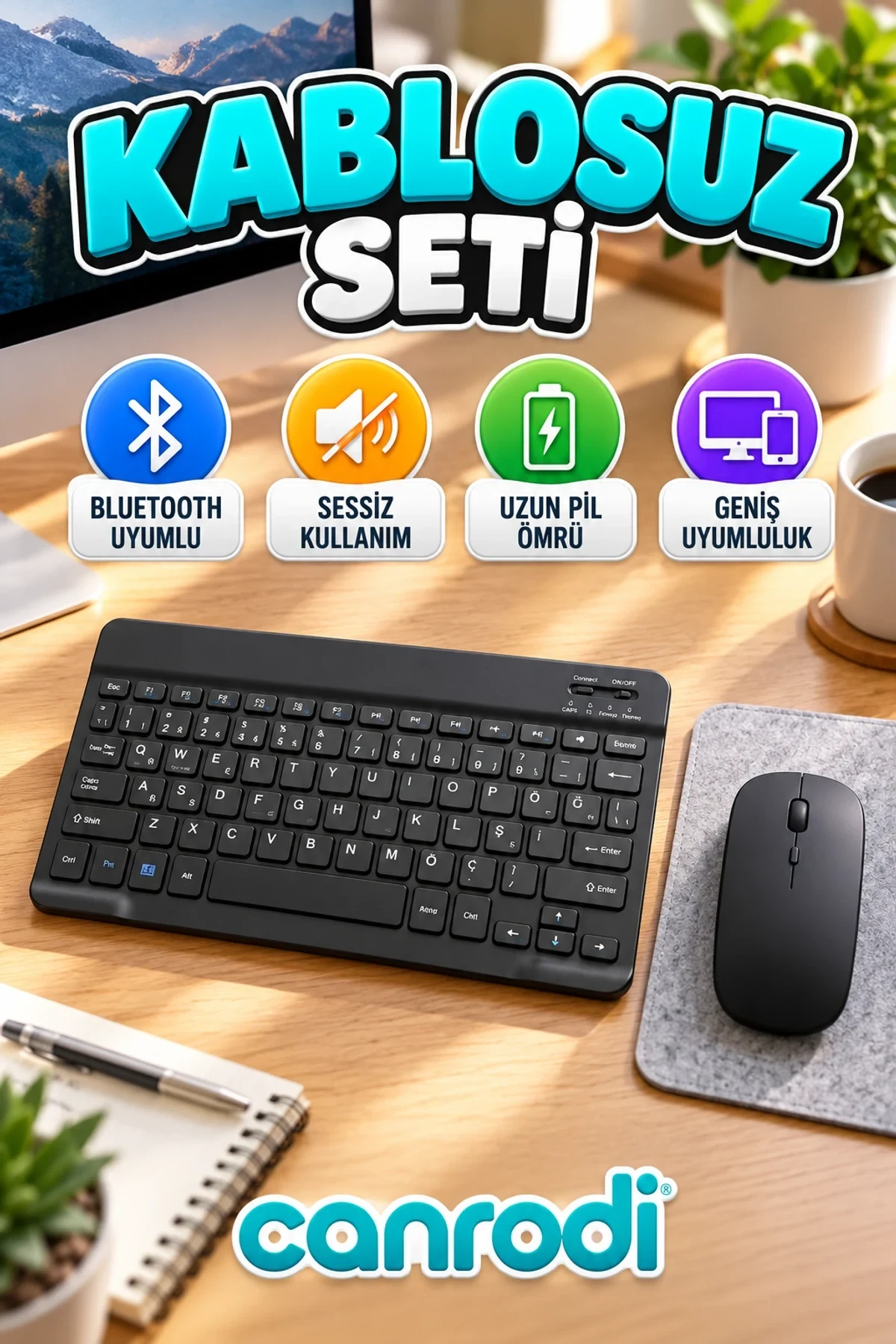 Kablosuz Klavye Mouse Seti – Bluetooth Uyumlu Sessiz Kullanım
