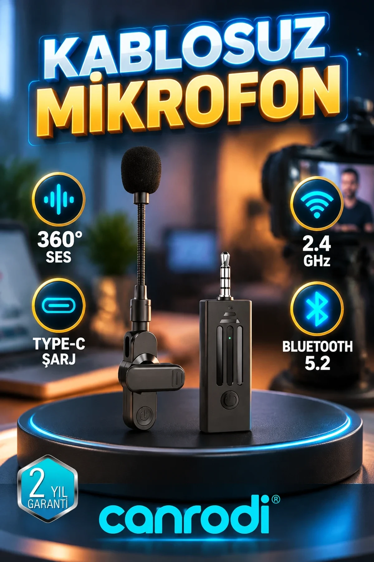 Kablosuz Yaka Mikrofonu 360° Ses Algılama – 2.4 GHz, Bluetooth 5.2 ve Type-C Şarj