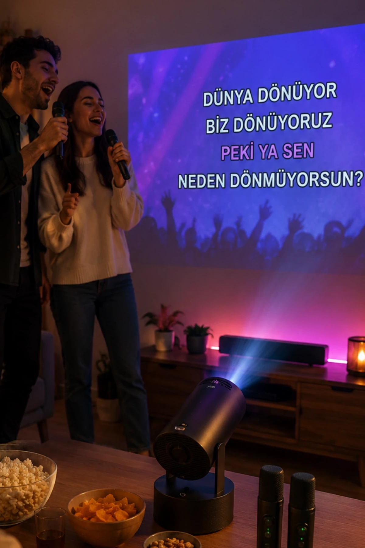 1080P Karaoke Projeksiyon Cihazı – Çift Kablosuz Mikrofon, WiFi Bluetooth, 180° Döner Başlık