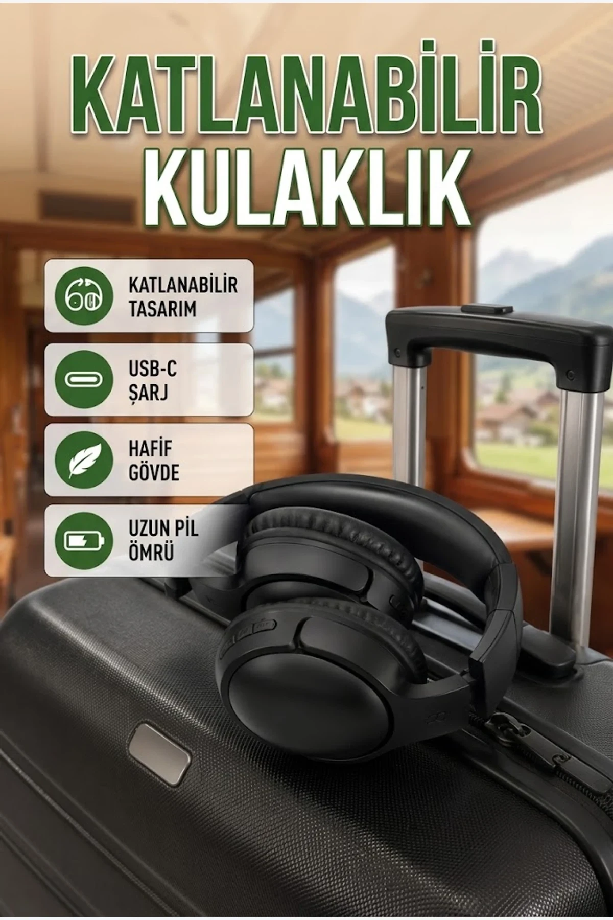 Katlanabilir Bluetooth Kulaklık – USB-C Şarjlı, Siyah Kablosuz Kulak Üstü Model