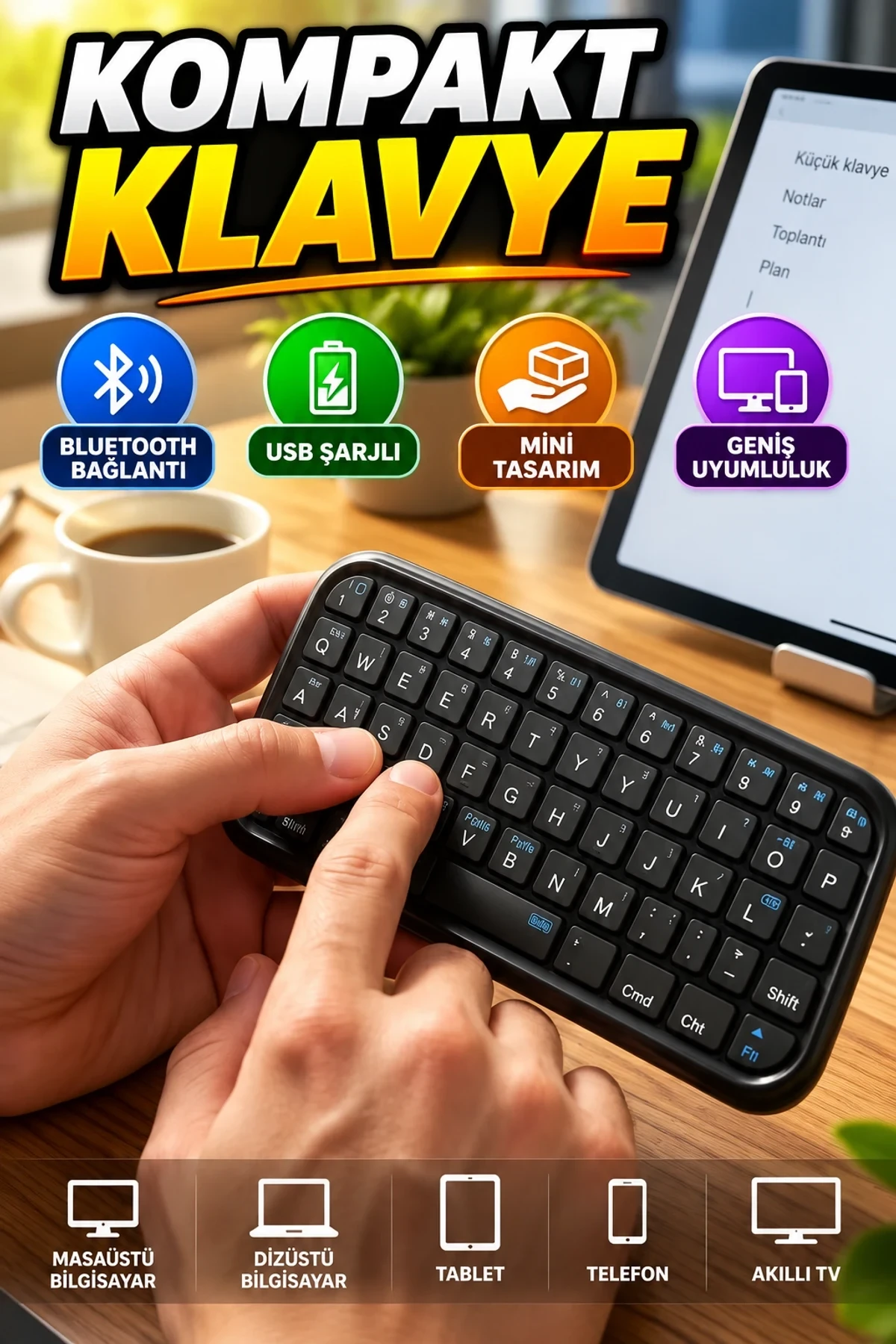 Kompakt Bluetooth Klavye – USB Şarjlı Kablosuz Mini Tasarım