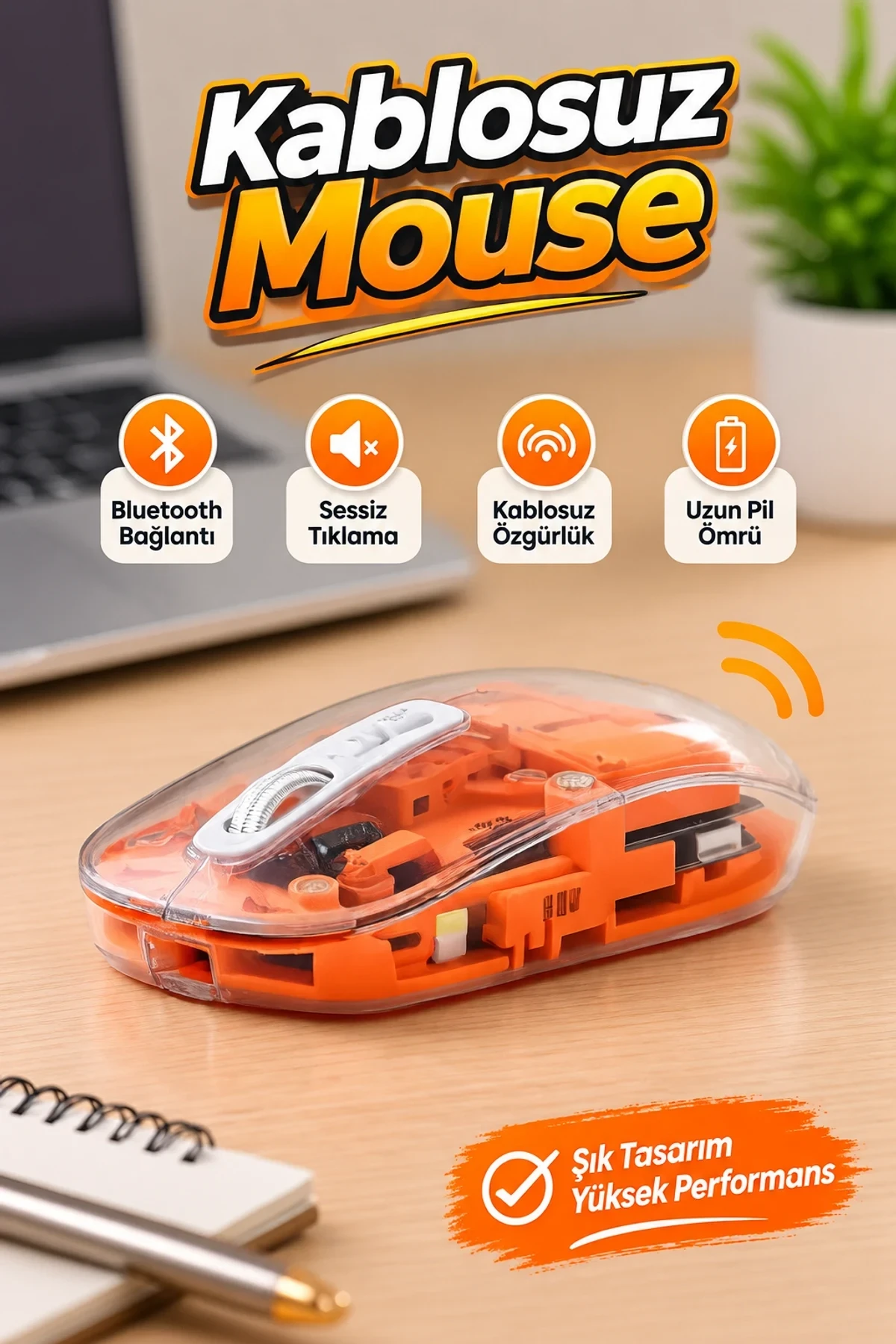 M223 Şeffaf Kablosuz Bluetooth Mouse – Sessiz Tıklama Turuncu