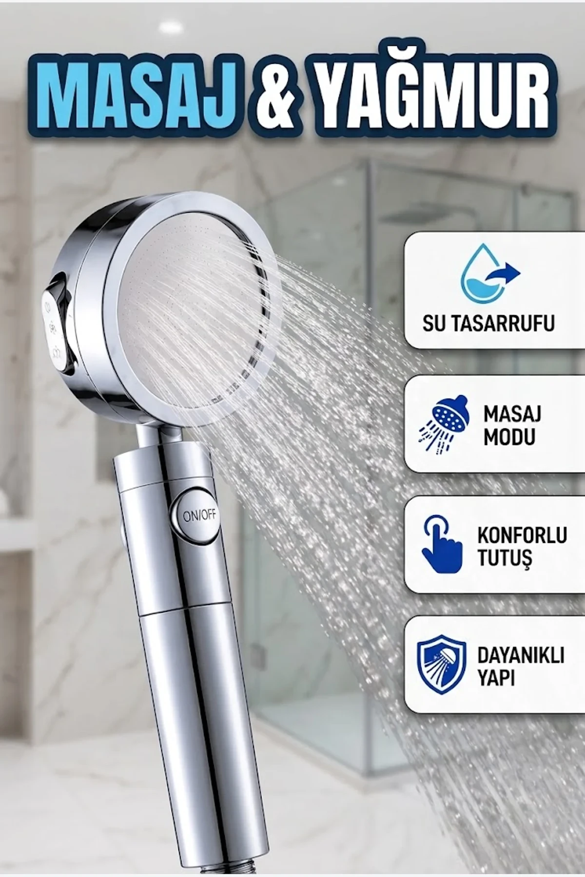 Masaj Modlu Su Tasarruflu Ayarlanabilir Duş Başlığı – Yağmur Akışlı