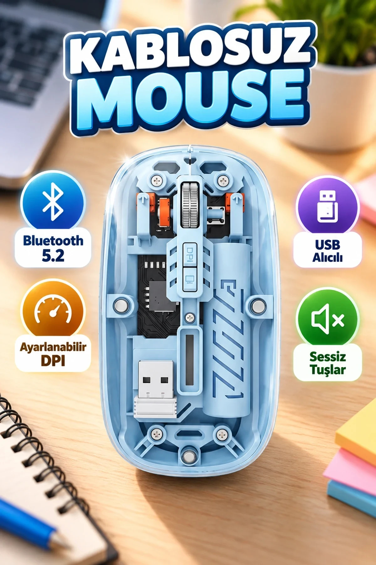 Mavi Bluetooth 5.2 Kablosuz Mouse – USB Alıcılı ve Ayarlanabilir DPI