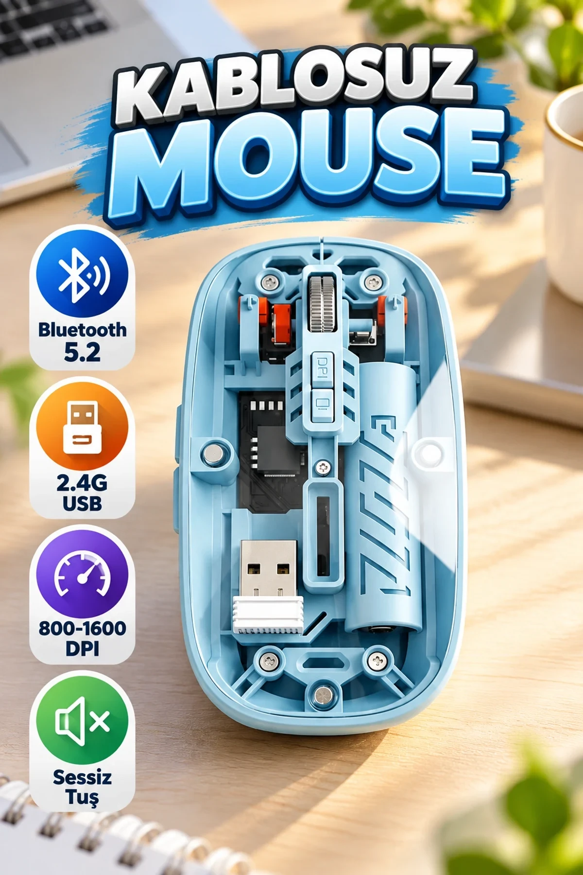Mavi Kablosuz Mouse – Bluetooth 5.2 ve 2.4G USB Çift Mod | 800–1600 DPI