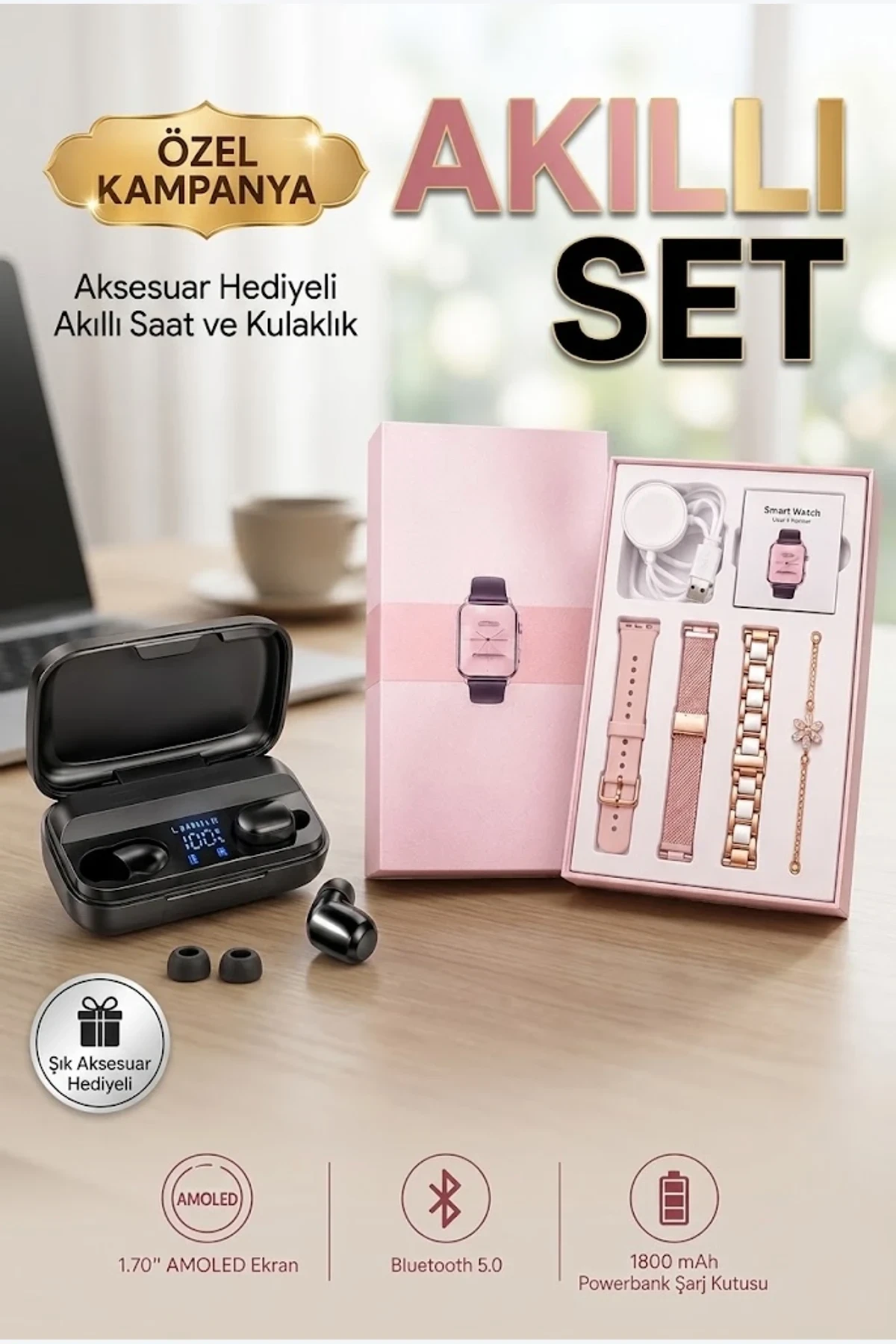 Mini Akıllı Saat ve M10 Bluetooth Kulaklık Seti 3 Kordonlu Wireless Şarjlı