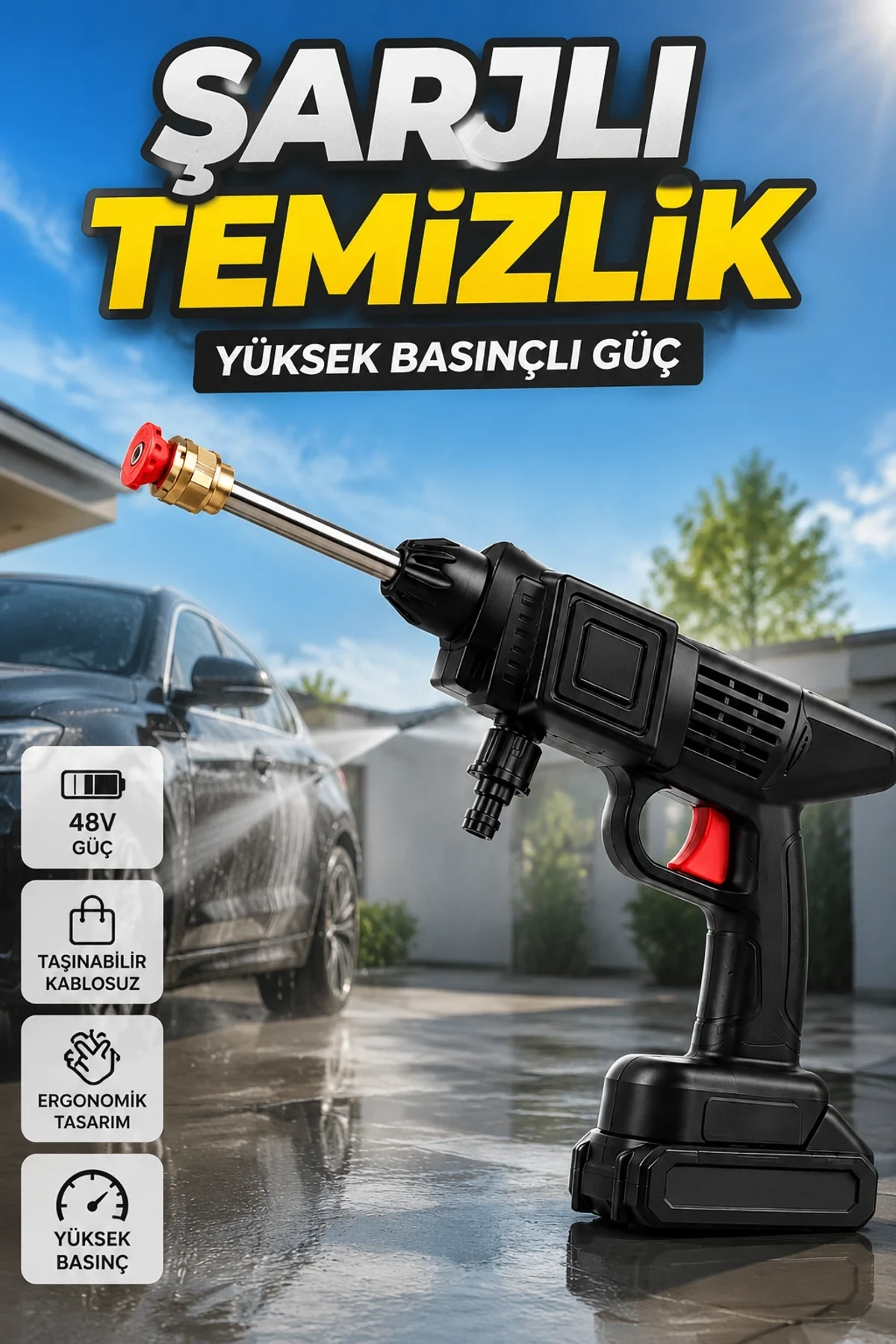 48V Şarjlı Basınçlı Yıkama Tabancası – 15.000mAh Pil, Köpük Haznesi ve 5 Metre Hortum