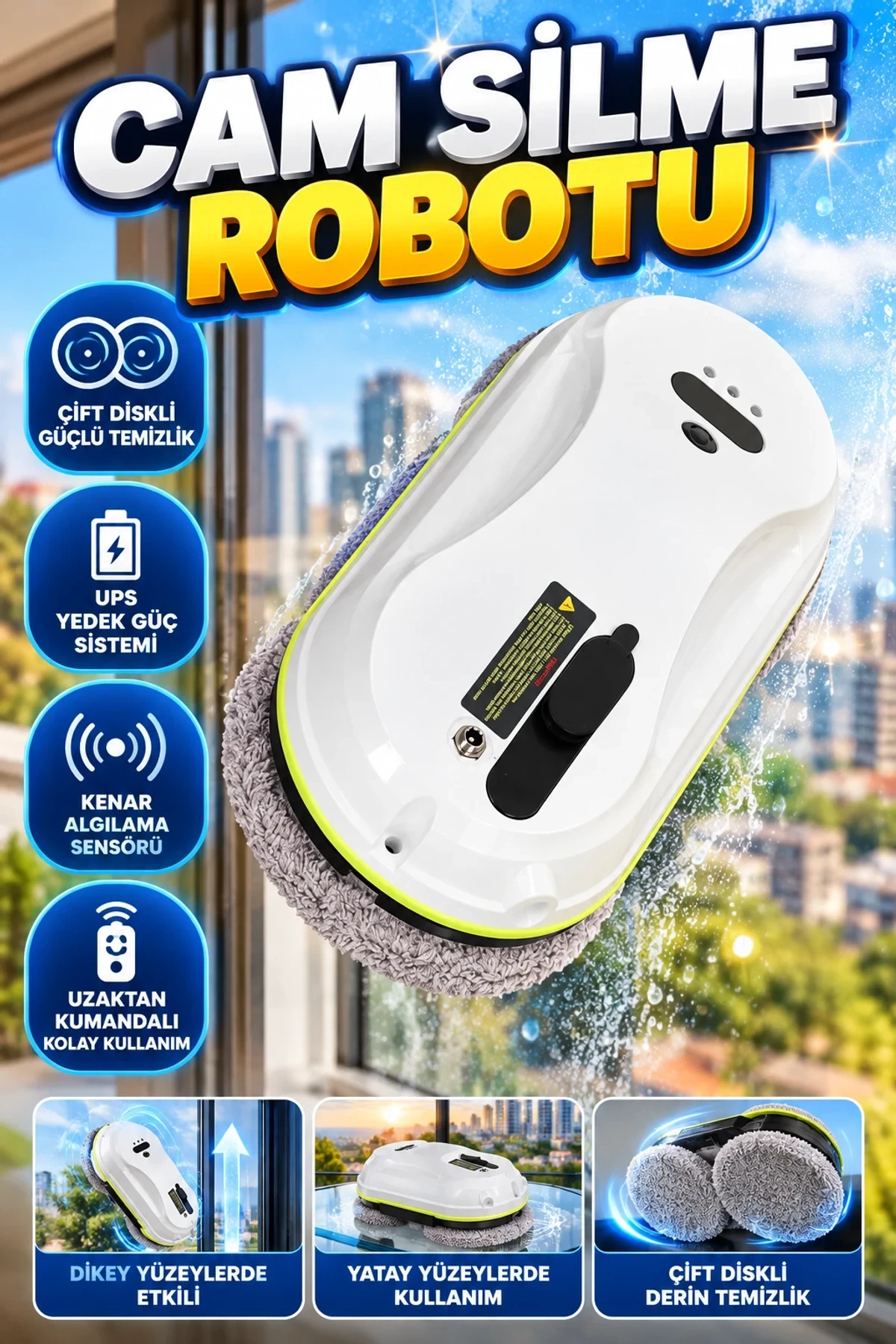 Otomatik Cam Temizleme Robotu – Çift Diskli, UPS Yedek Güç ve Kenar Algılama Sensörlü