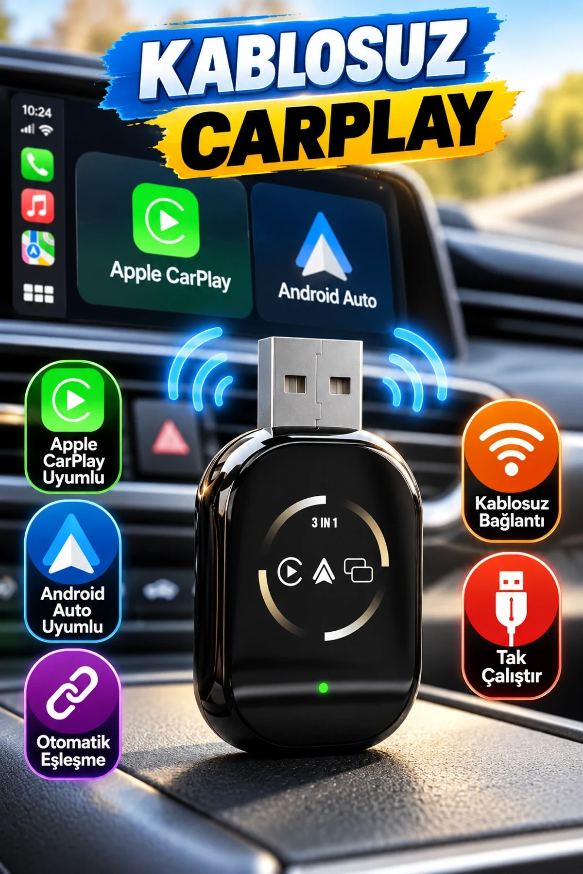 Otomatik Eşleşmeli Kablosuz CarPlay ve Android Auto Adaptörü