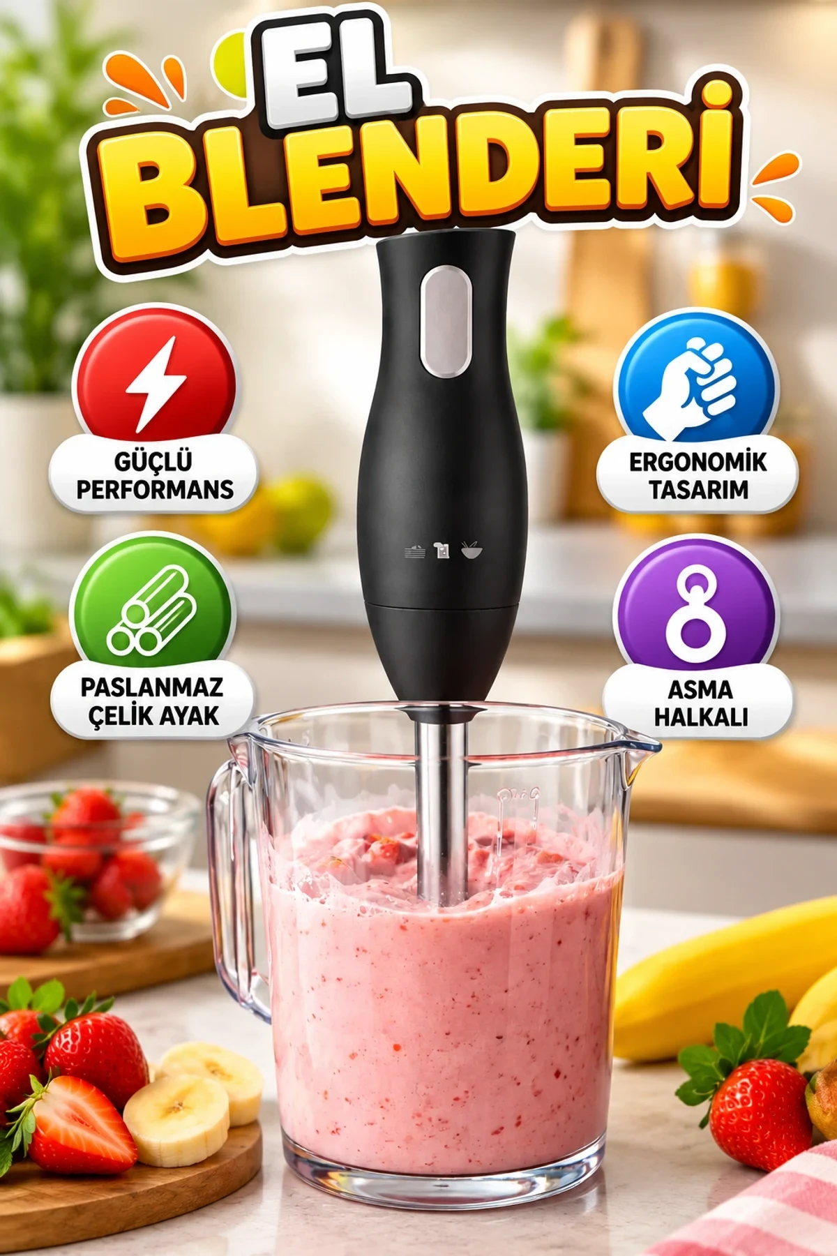 Paslanmaz Çelik Ayaklı Ergonomik El Blenderı – Asma Halkalı Mutfak Blenderı