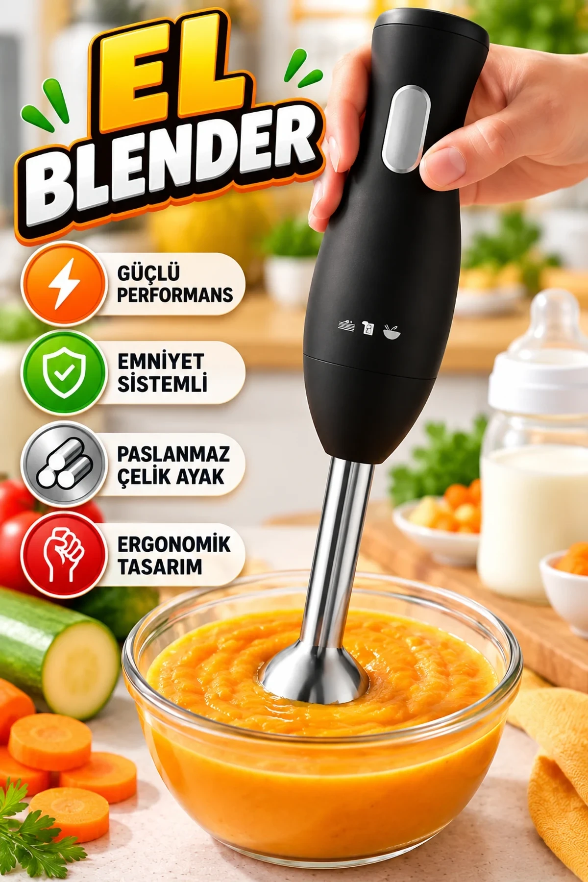Paslanmaz Çelik Ayaklı Ergonomik El Blenderı – Emniyet Sistemli