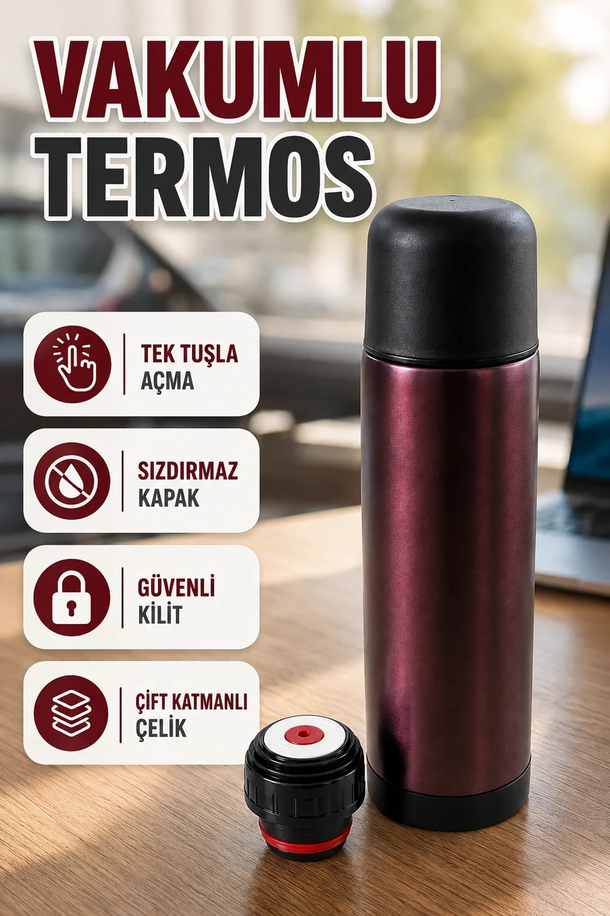 Paslanmaz Çelik Çift Katmanlı Vakumlu Termos – Ofis, Araç ve Kamp Kullanımı