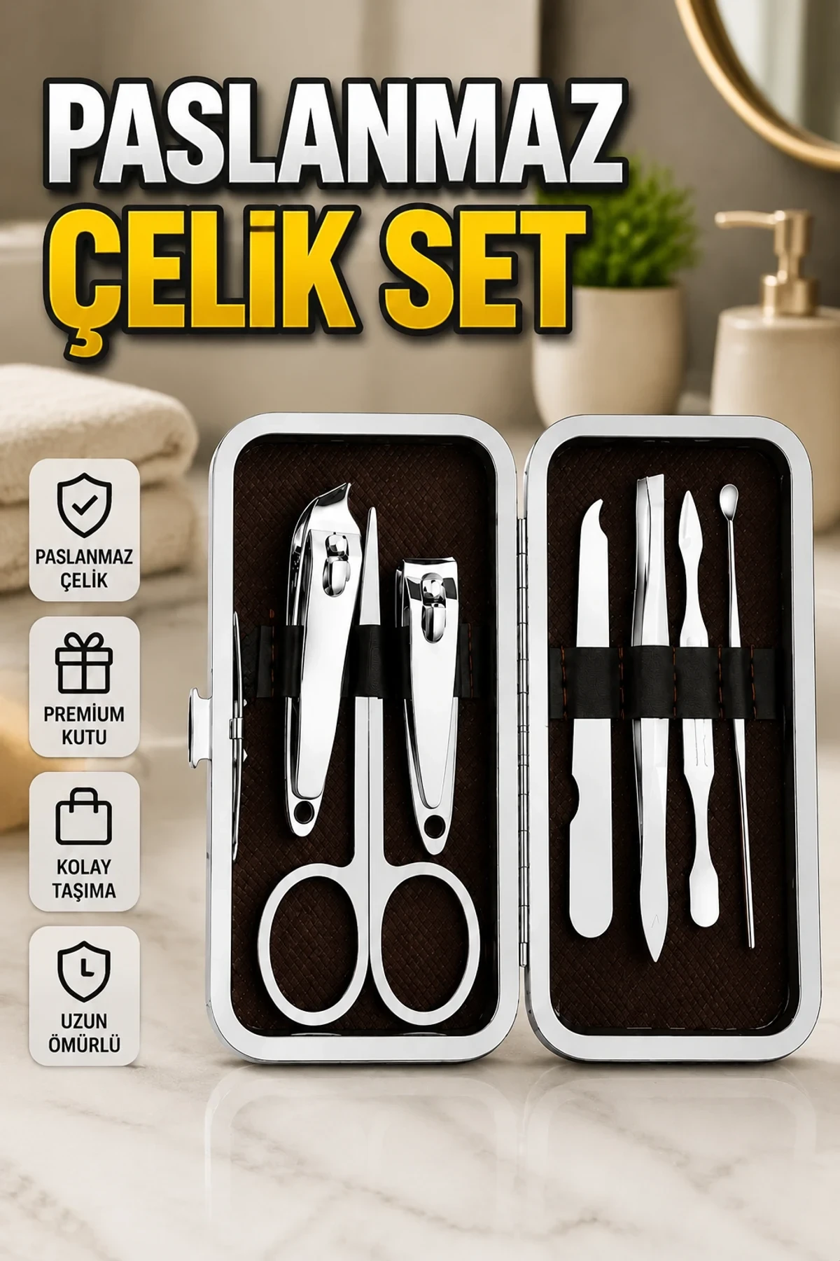 7 Parça Paslanmaz Çelik El, Tırnak ve Kişisel Bakım Seti – Taşıma Çantalı