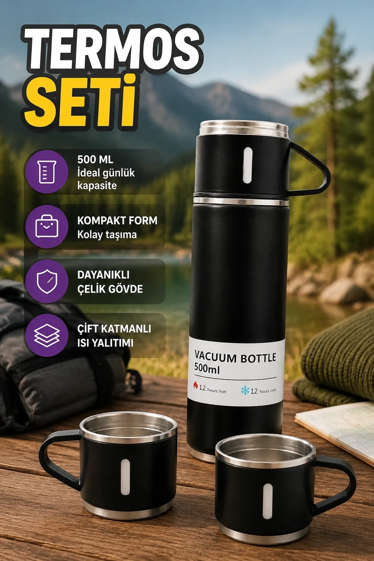 Paslanmaz Çelik Termos Seti 500 ml Kaymaz Tabanlı Çift Katmanlı Hediye Kutulu