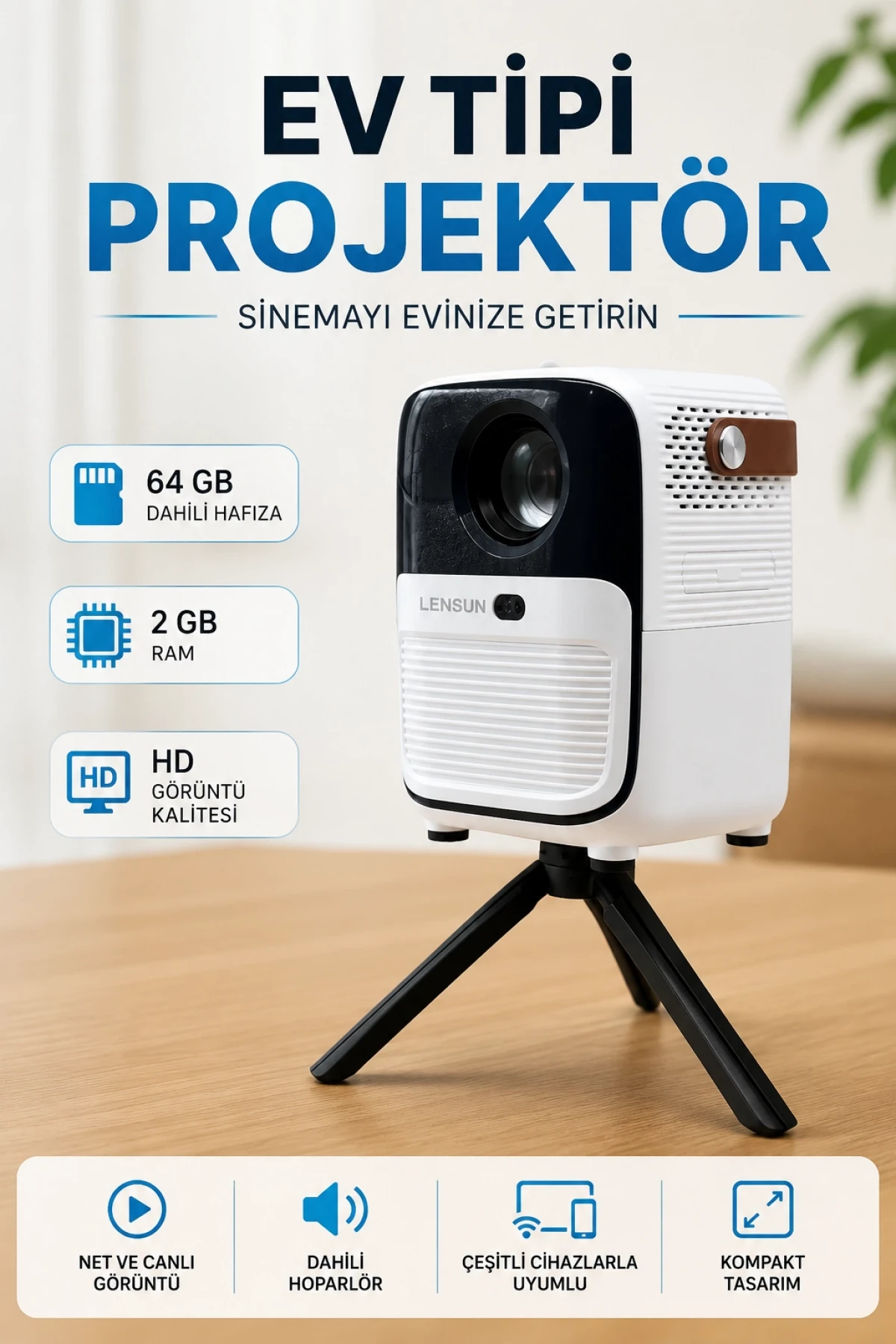 Android Ev Tipi Projeksiyon Cihazı 2 GB RAM 64 GB Hafıza Full HD 1920x1080 Bluetooth Kumandalı