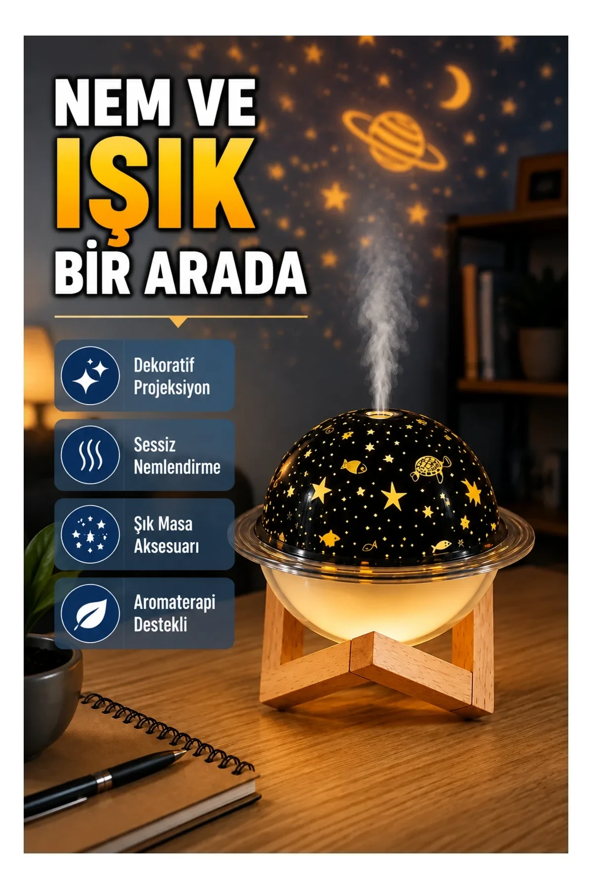 Projeksiyon Işıklı USB Mini Hava Nemlendirici – Aromaterapi Destekli