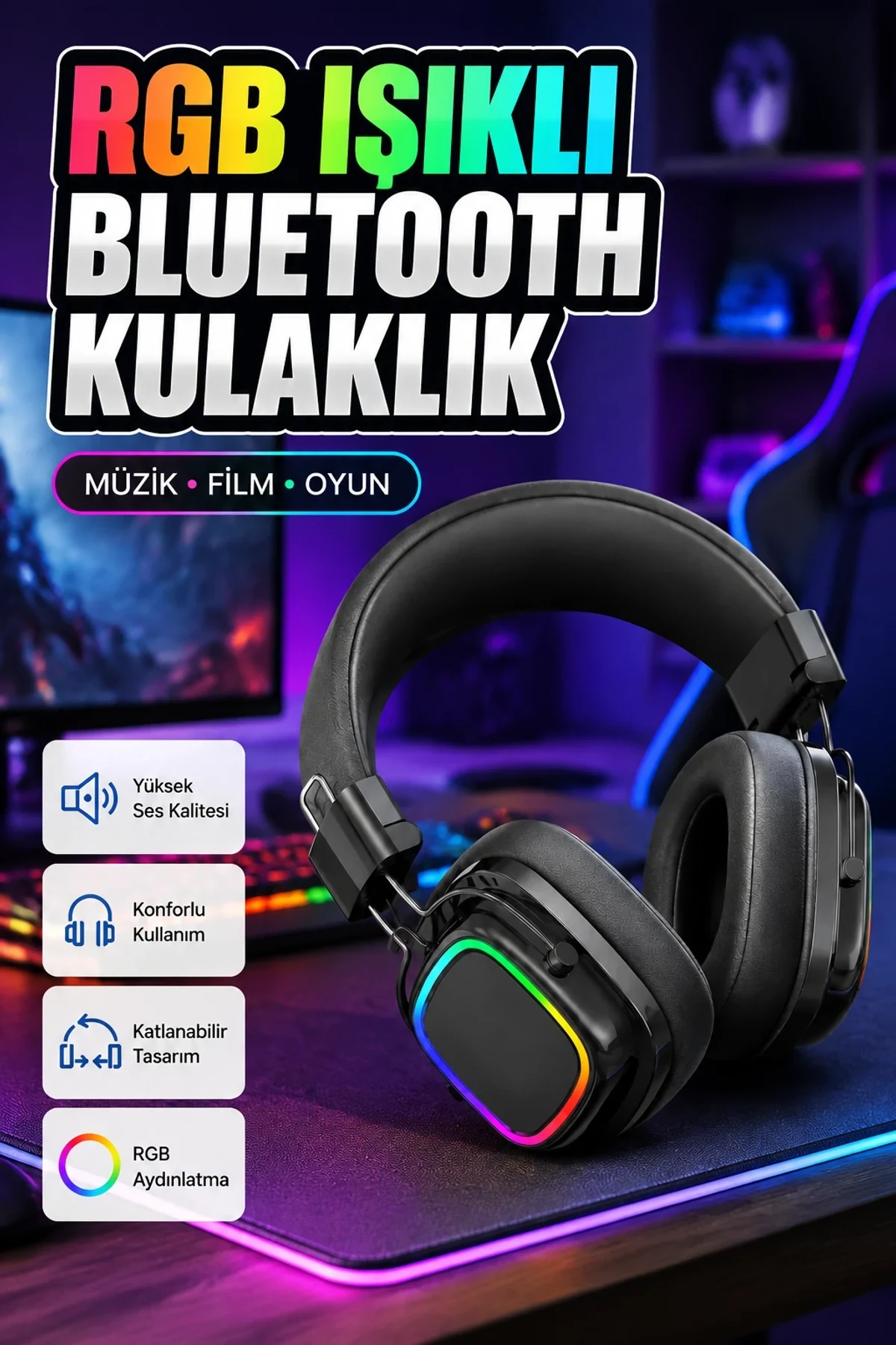 Katlanabilir RGB Aydınlatmalı Bluetooth 5.3 Kulak Üstü Kulaklık