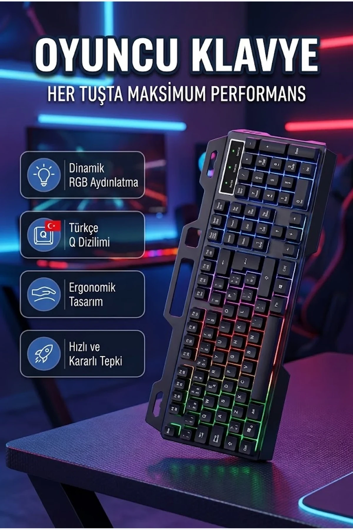 RGB Oyuncu Klavye ve Mouse Seti – Türkçe Q USB Klavye, 800-3200 DPI Ayarlı Mouse