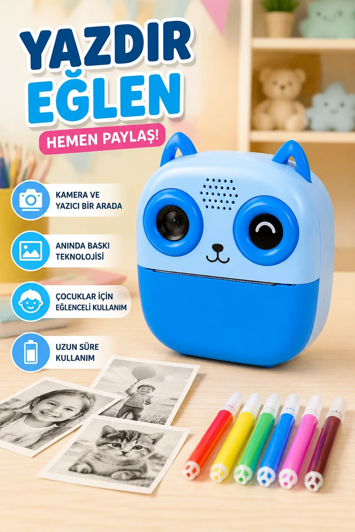 Mavi Anında Baskılı Çocuk Fotoğraf Makinesi – Termal Yazıcılı Kamera