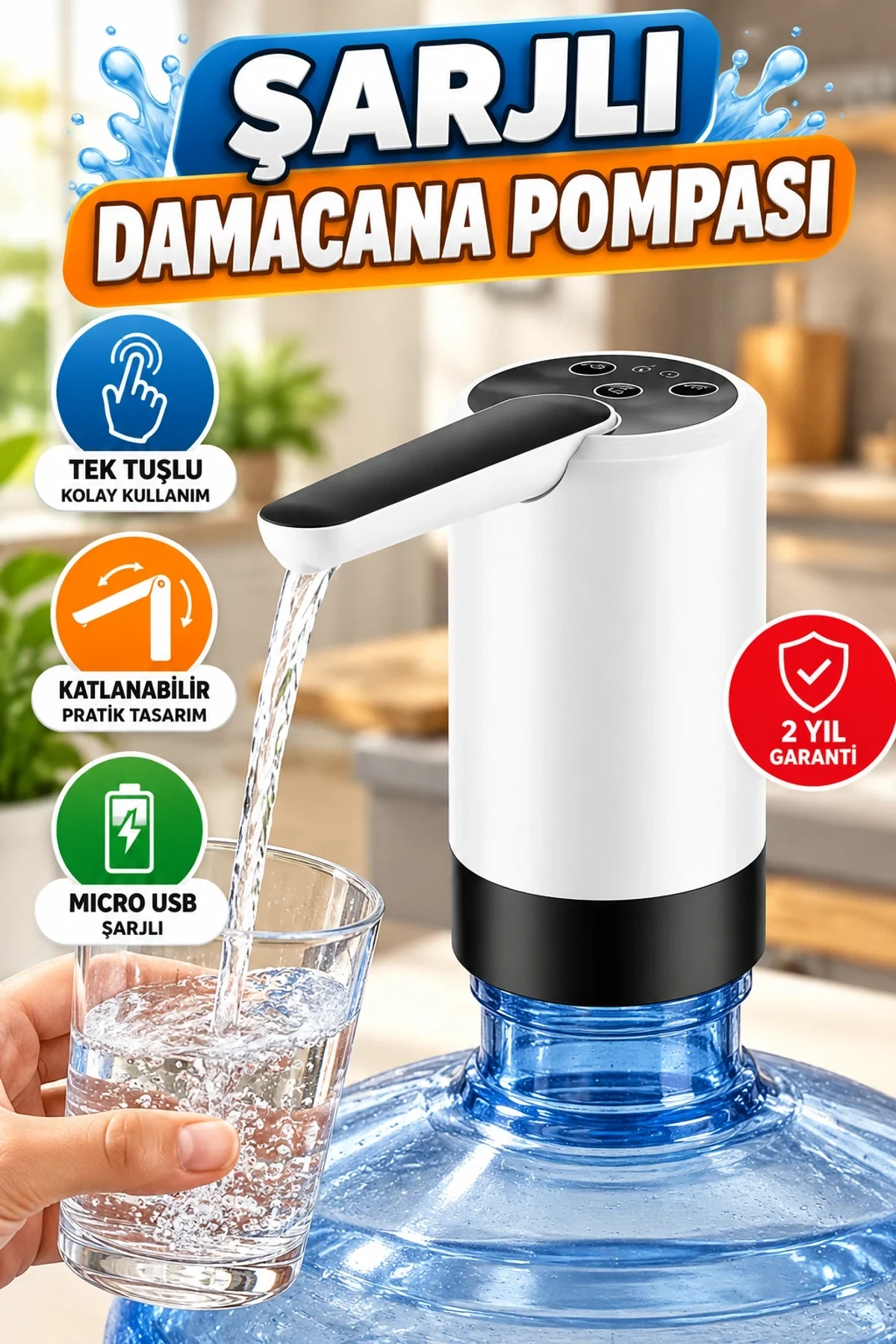 Şarjlı Damacana Su Pompası – Tek Tuşlu, Katlanabilir ve Micro USB Şarjlı