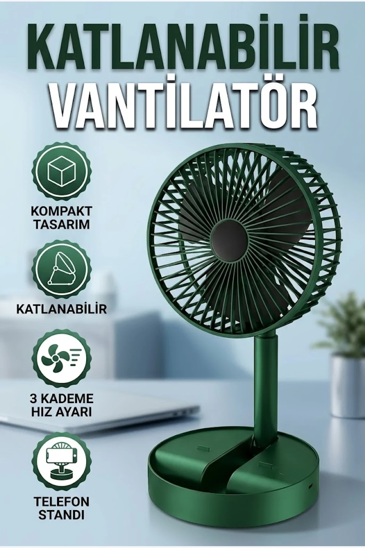 Şarjlı Katlanabilir Mini Vantilatör – 3 Hız Kademeli ve Telefon Standlı