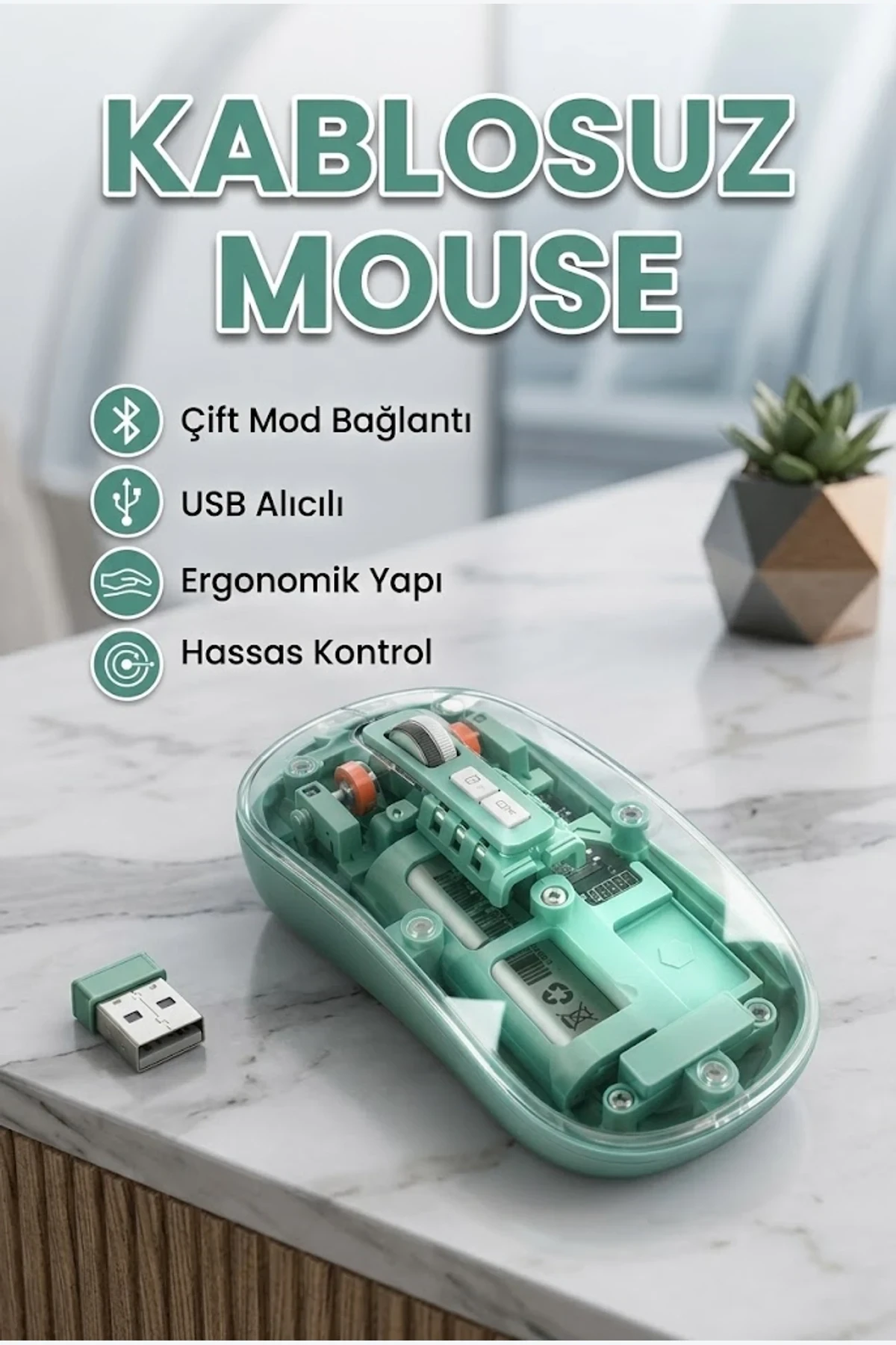Şeffaf Gövdeli Kablosuz Mouse Bluetooth ve 2.4G USB Çift Mod Sessiz Tıklama