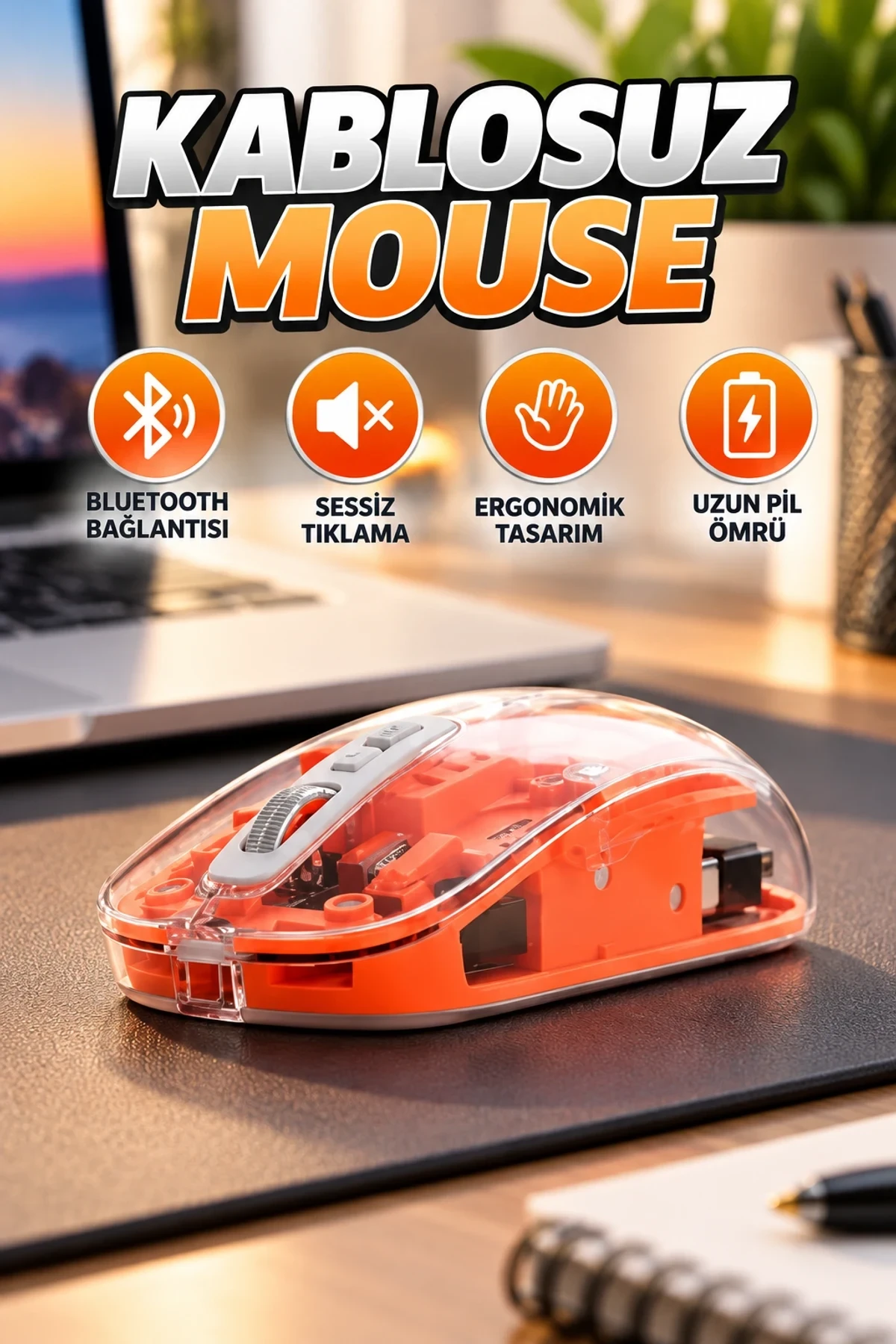 Şeffaf Kablosuz Bluetooth Mouse – Sessiz Tıklama ve Ergonomik Tasarım