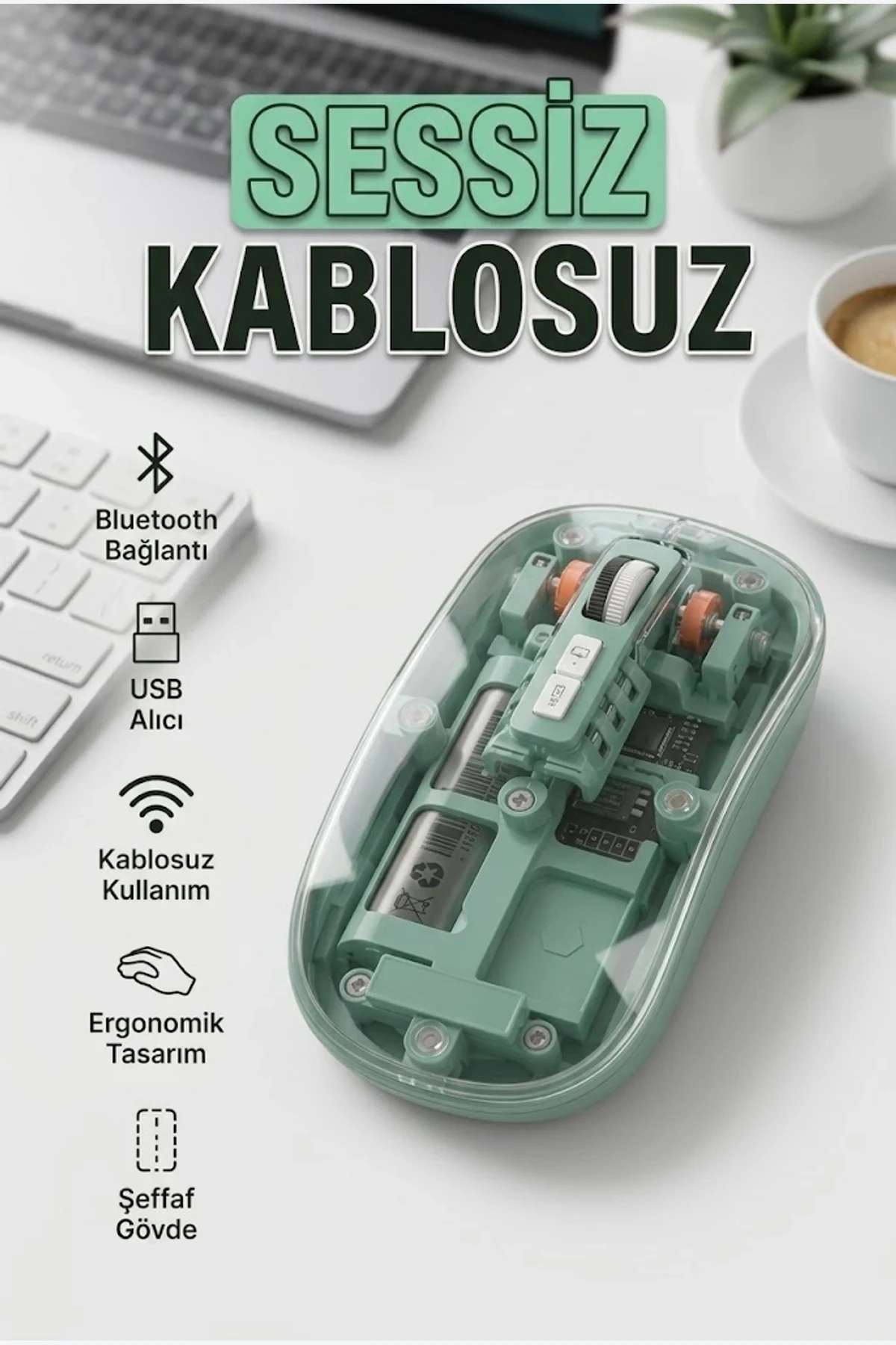 Şeffaf Kablosuz Mouse Bluetooth & USB Uyumlu Sessiz Tıklama Ergonomik Tasarım