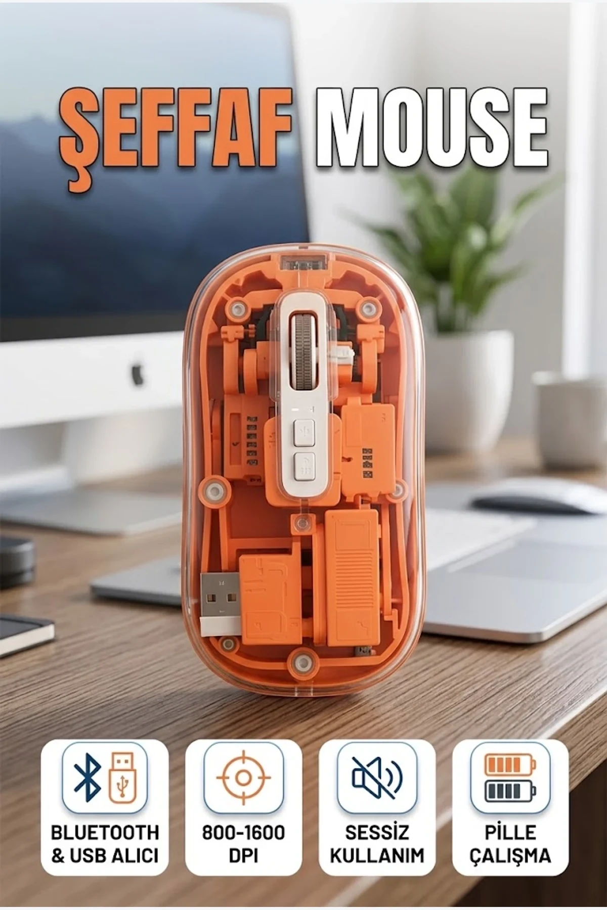 Şeffaf Tasarımlı Bluetooth ve USB Destekli Sessiz Kablosuz Mouse