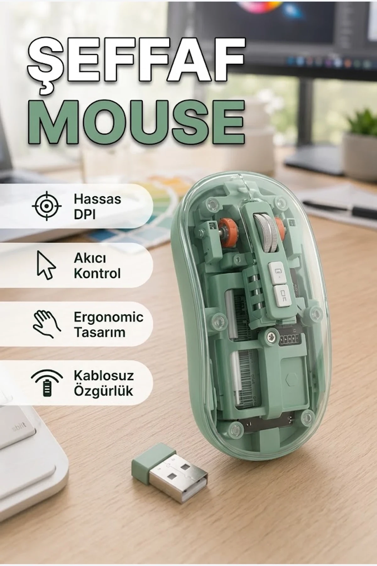 Şeffaf Tasarımlı Bluetooth ve USB Kablosuz Mouse 1000-2400 DPI Sessiz Tıklama