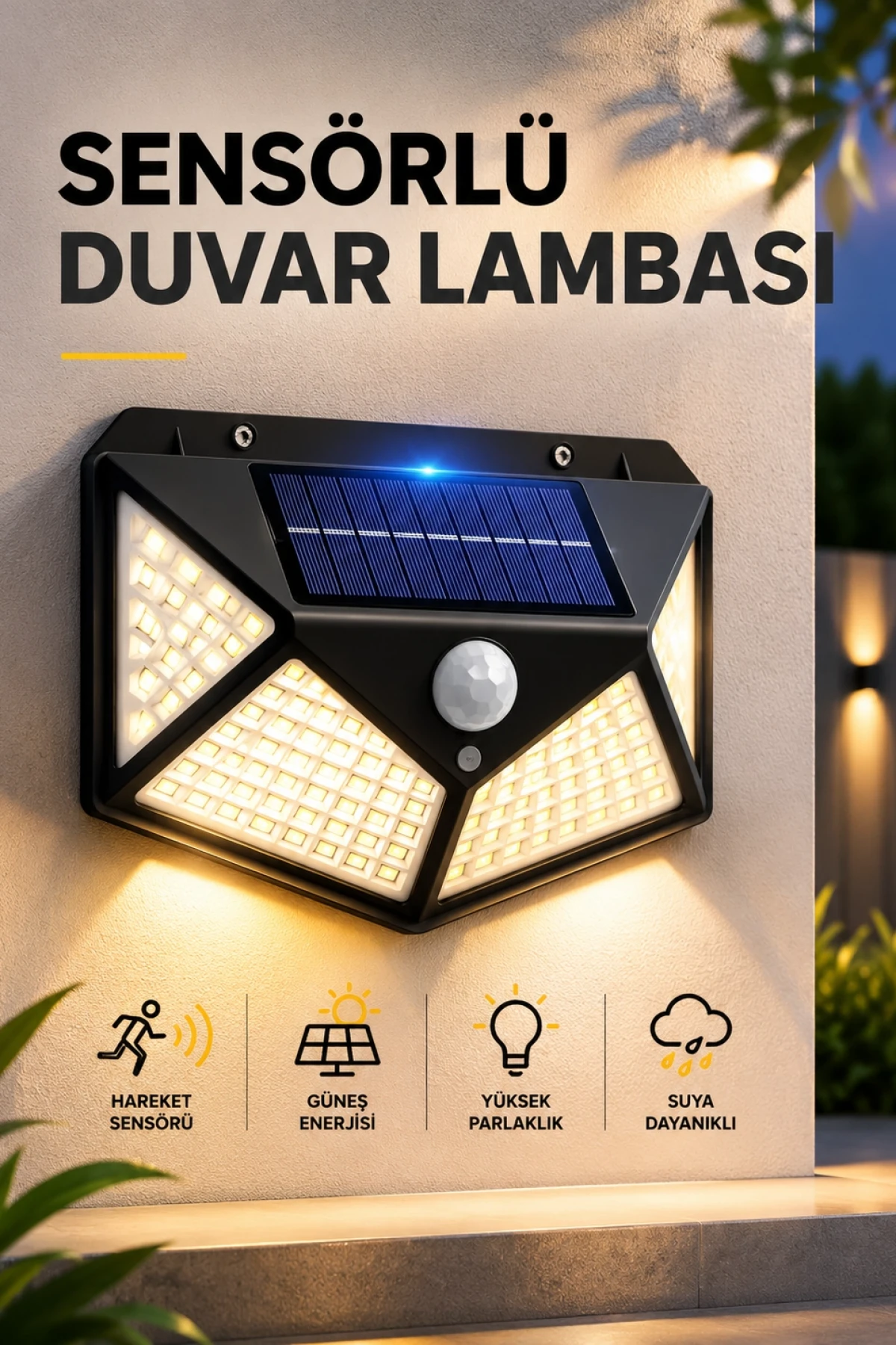 Sensörlü Güneş Enerjili 100 LED Duvar Lambası IP65 PIR Hareket Sensörlü