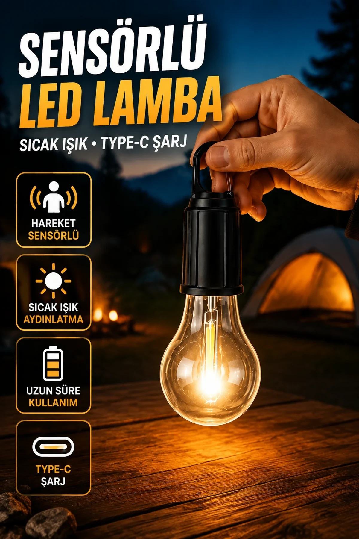 Sensörlü LED Kamp Lambası – Sıcak Işık ve Type-C Şarj